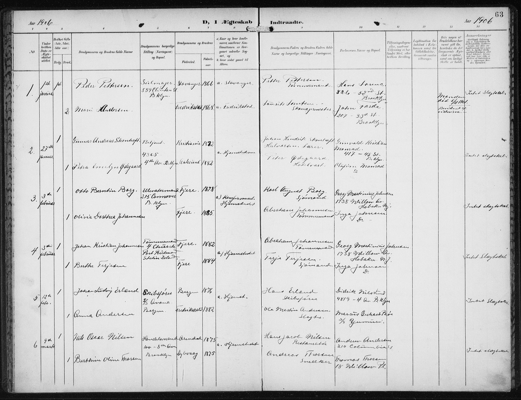 Den norske sjømannsmisjon i utlandet/New York, SAB/SAB/PA-0110/H/Ha/L0005: Parish register (official) no. A 5, 1902-1908, p. 63