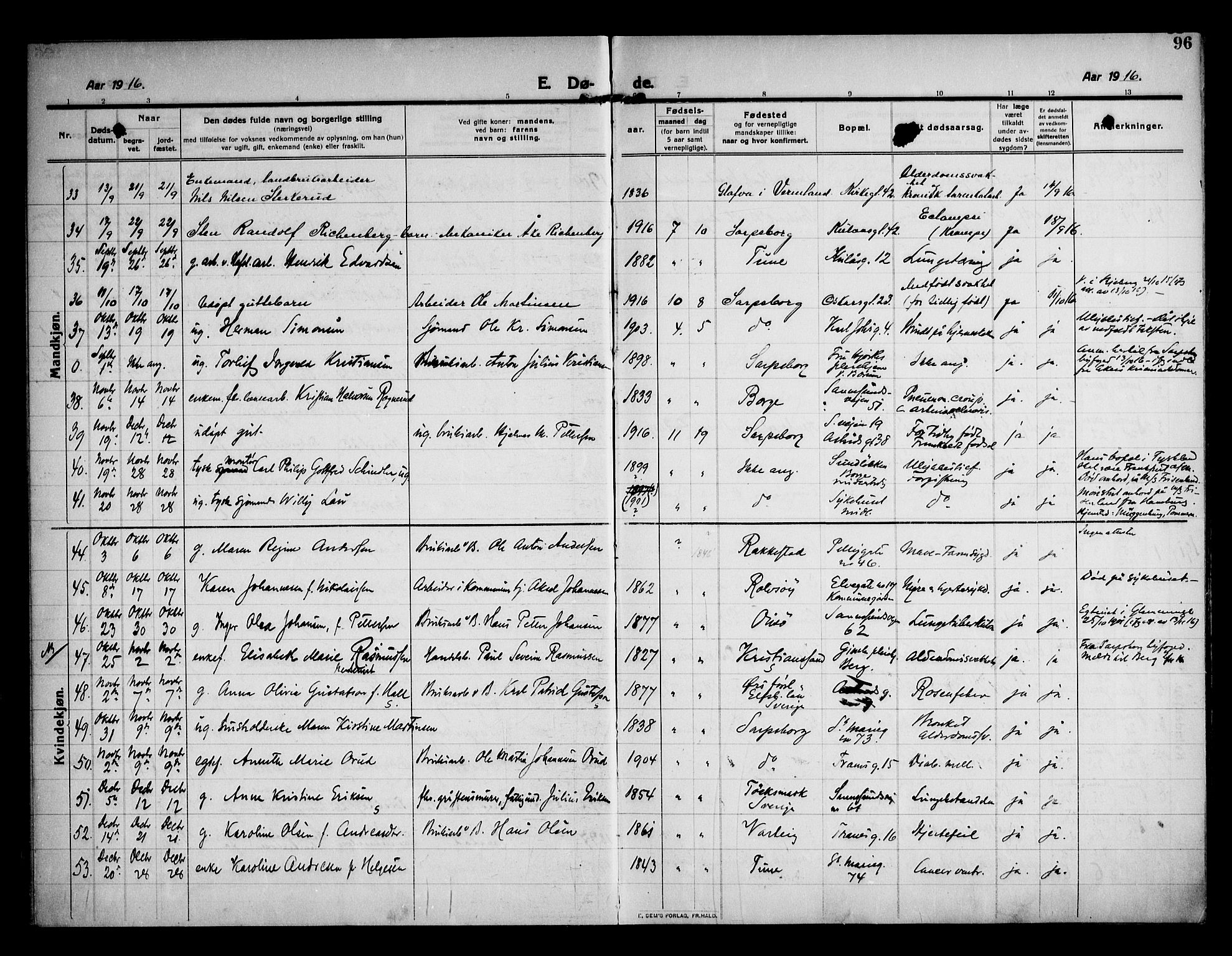 Sarpsborg prestekontor Kirkebøker, AV/SAO-A-2006/F/Fa/L0007: Parish register (official) no. 7, 1910-1918, p. 96