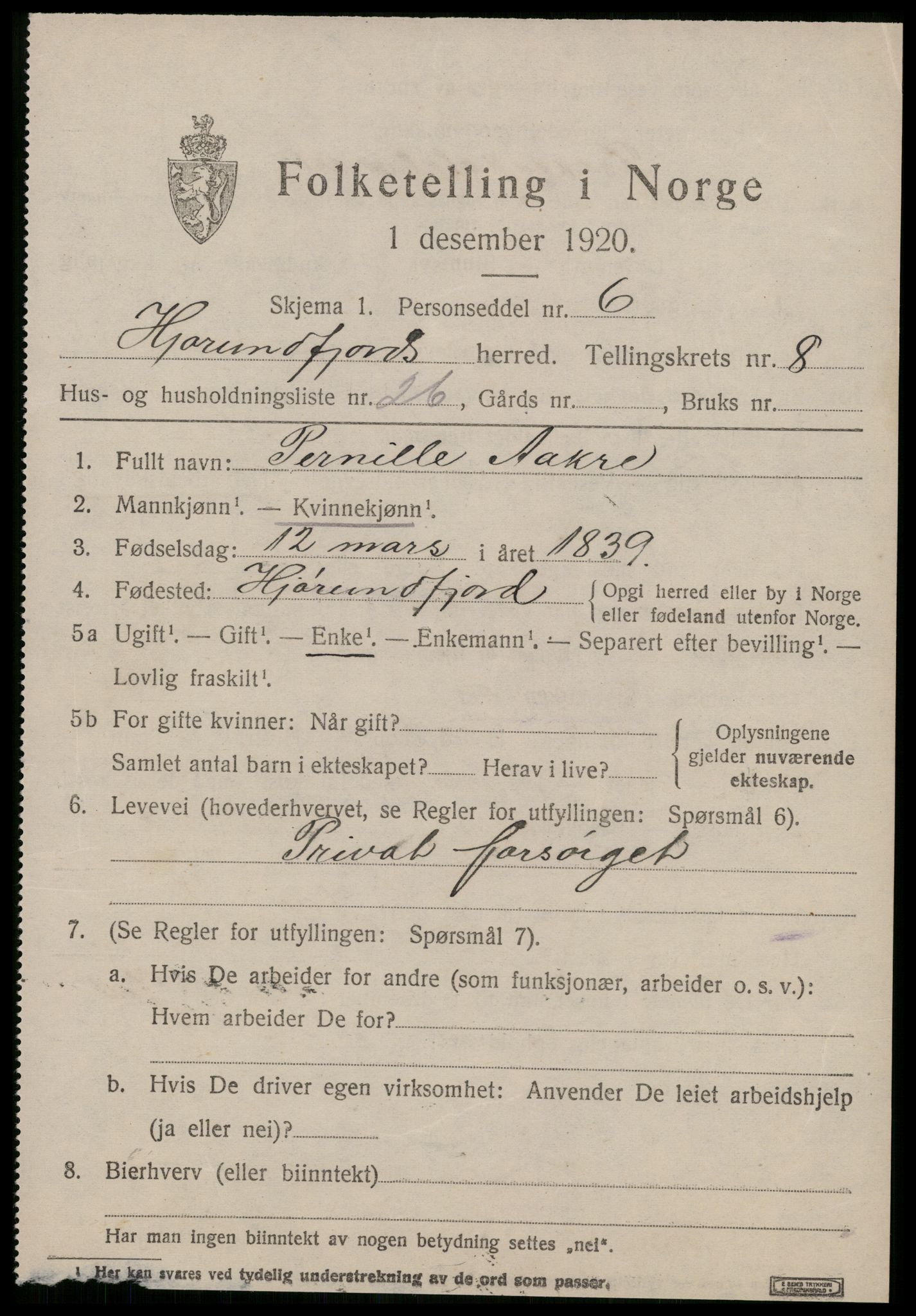 SAT, 1920 census for Hjørundfjord, 1920, p. 3219