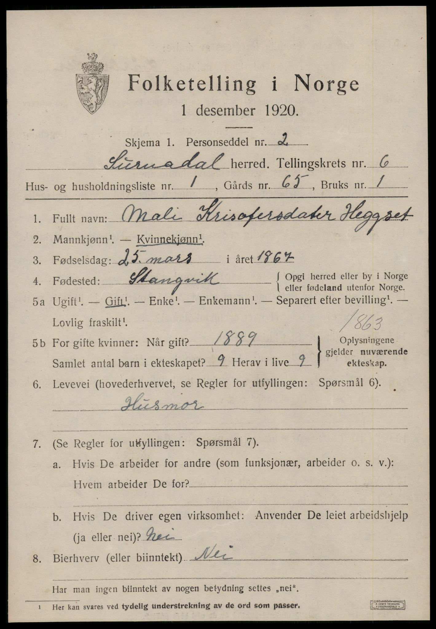 SAT, 1920 census for Surnadal, 1920, p. 4297