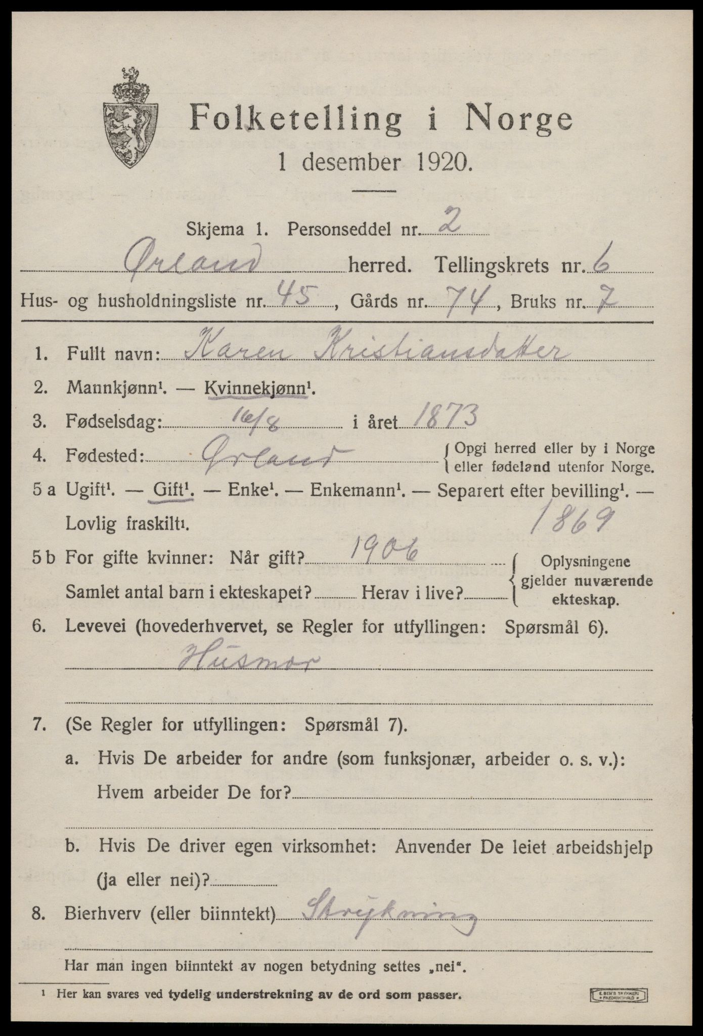 SAT, 1920 census for Ørland, 1920, p. 5399