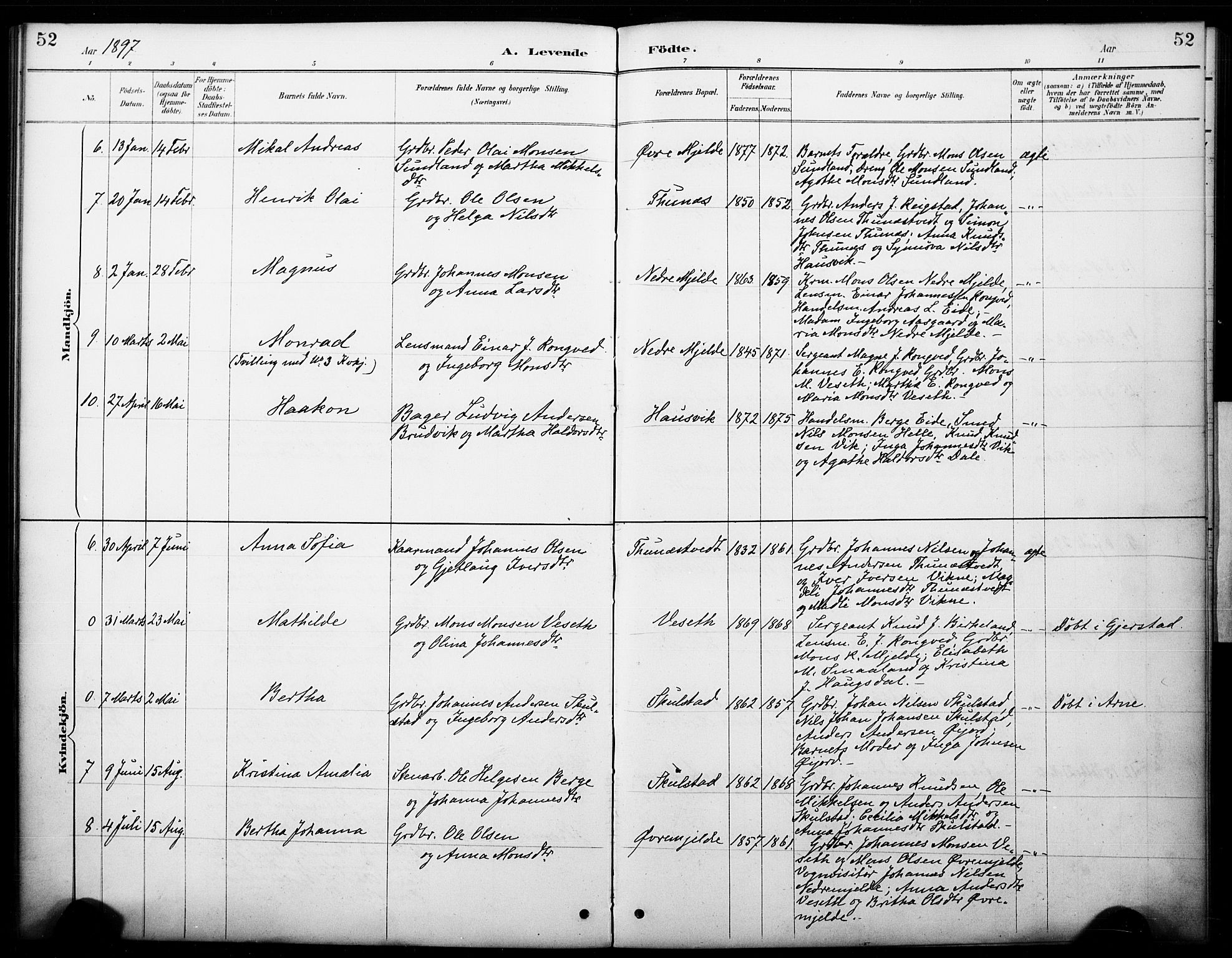 Haus sokneprestembete, AV/SAB-A-75601/H/Haa: Parish register (official) no. B 1, 1887-1898, p. 52