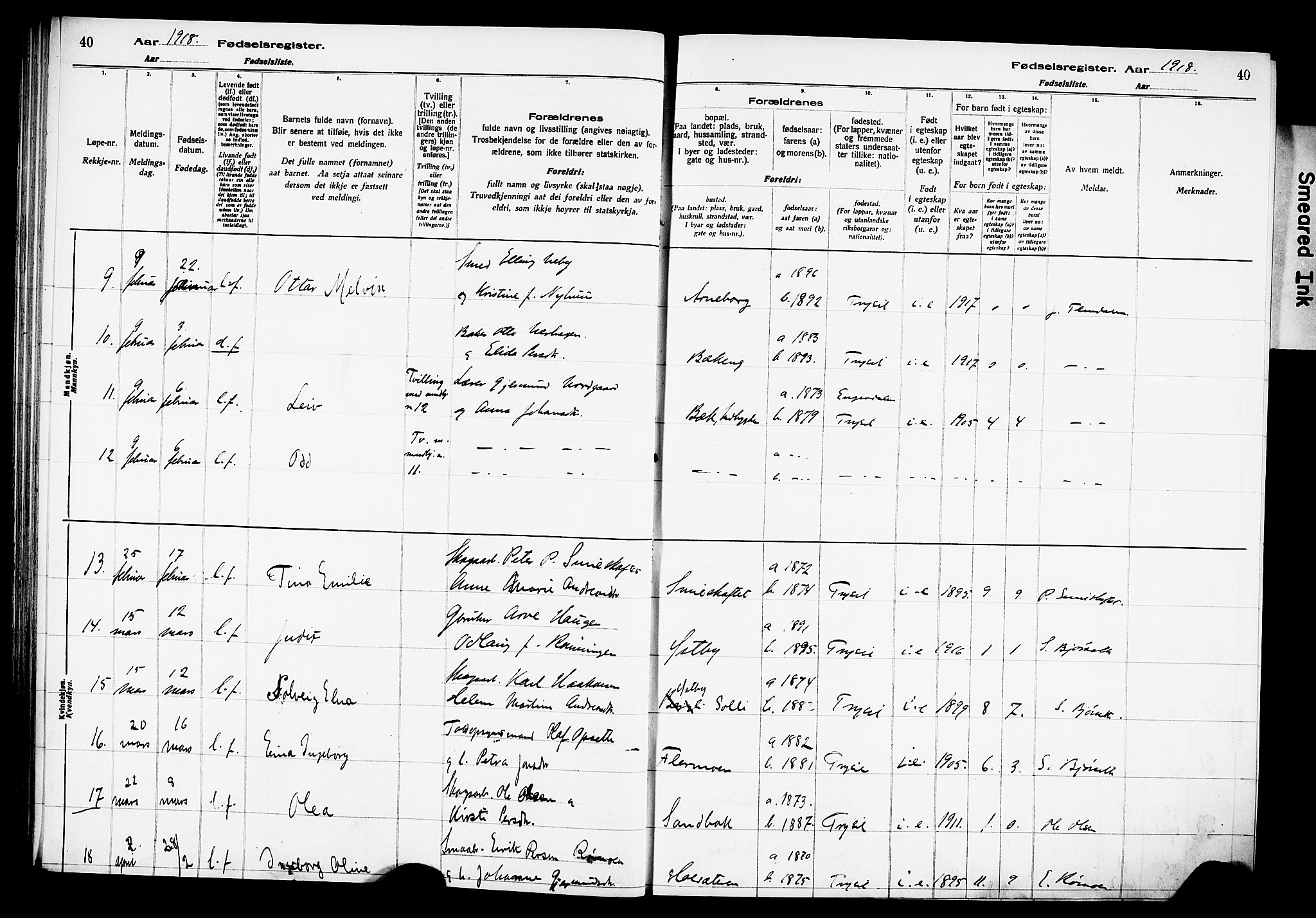 Trysil prestekontor, AV/SAH-PREST-046/I/Id/Ida/L0001: Birth register no. I 1, 1916-1927, p. 40