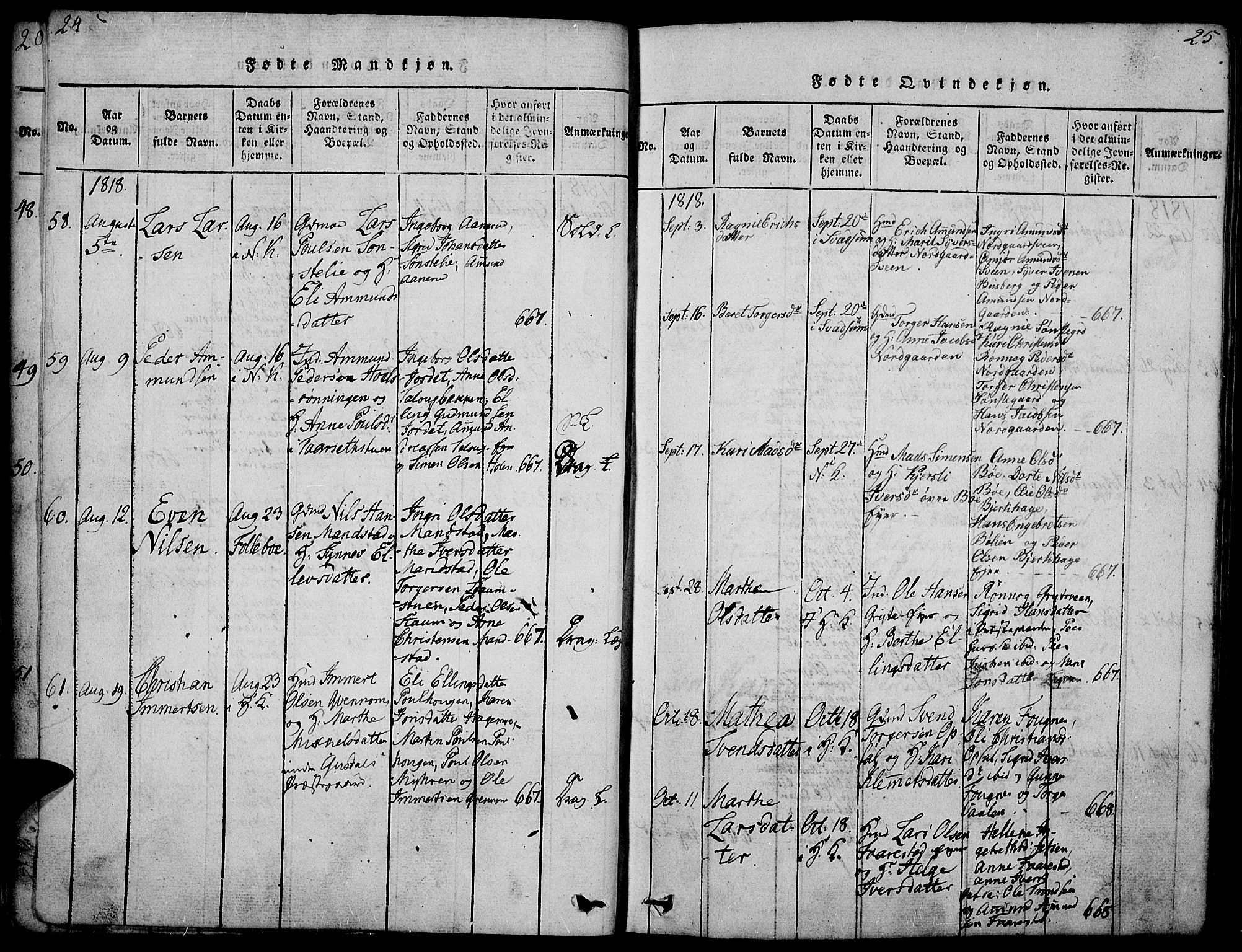 Gausdal prestekontor, SAH/PREST-090/H/Ha/Haa/L0005: Parish register (official) no. 5, 1817-1829, p. 24-25