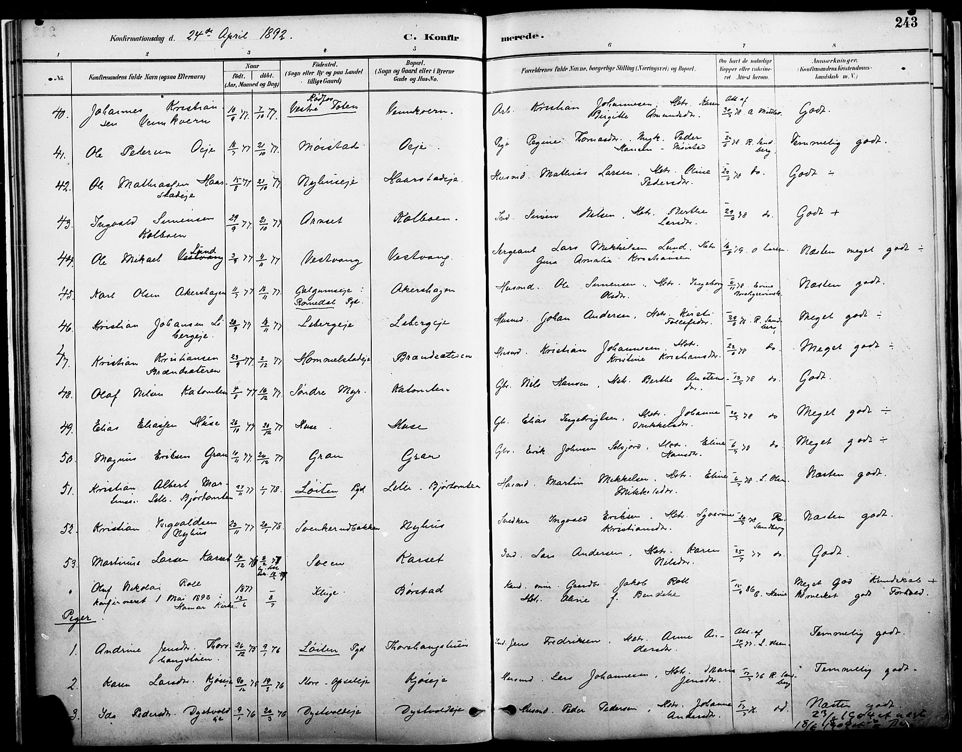 Vang prestekontor, Hedmark, AV/SAH-PREST-008/H/Ha/Haa/L0019A: Parish register (official) no. 19, 1886-1900, p. 243