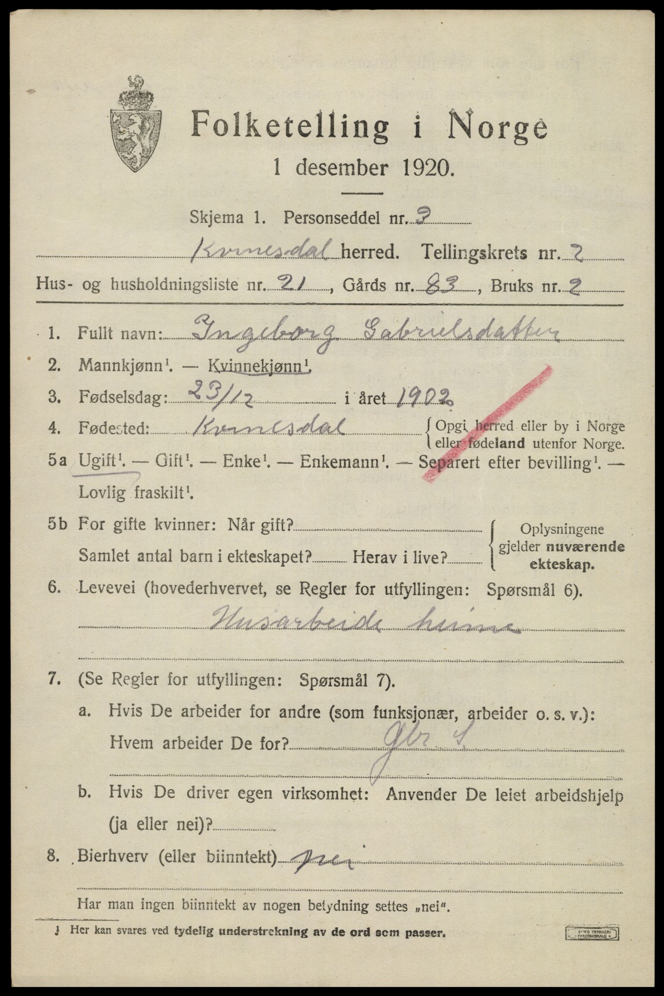 SAK, 1920 census for Kvinesdal, 1920, p. 2107