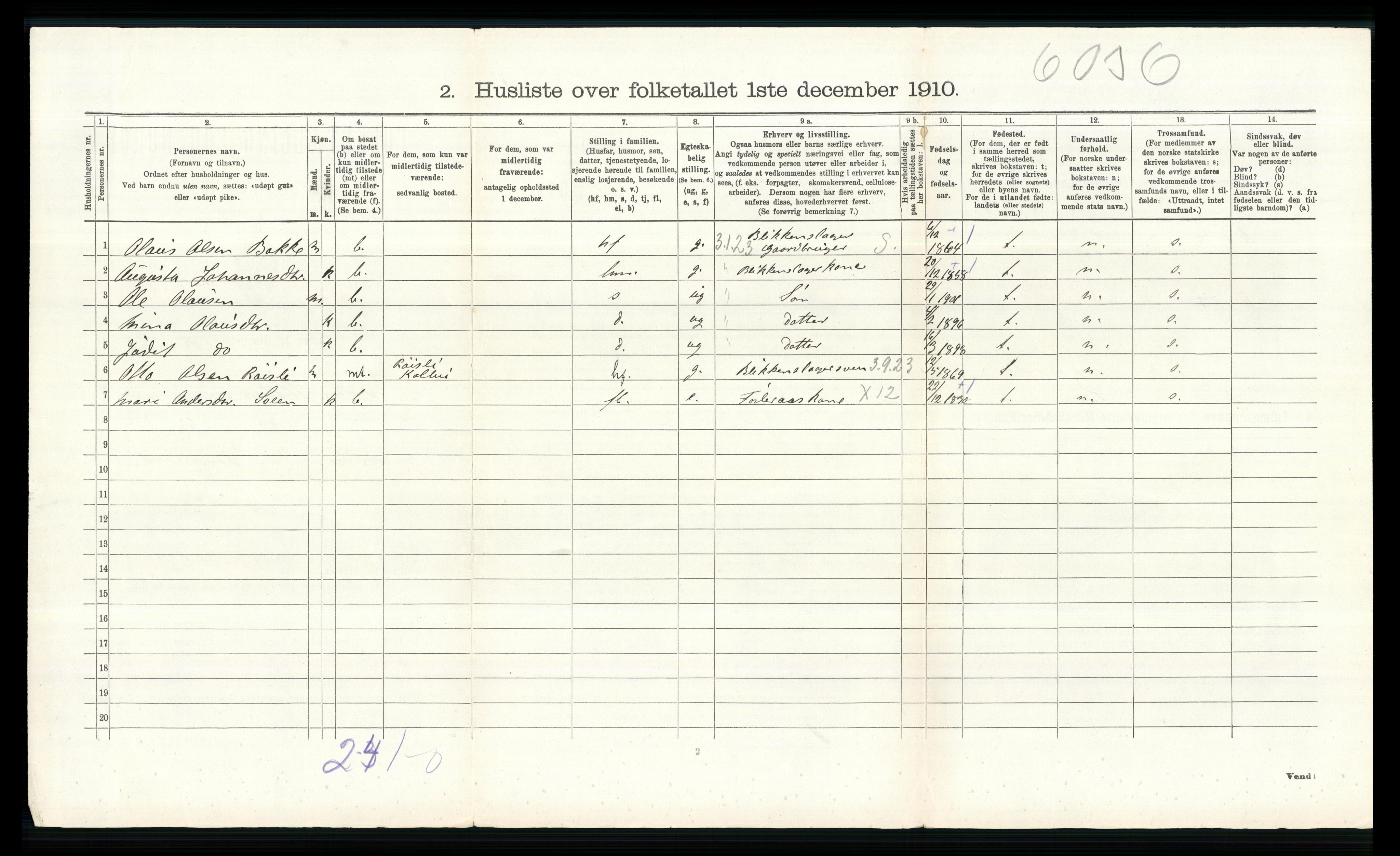 RA, 1910 census for Vestre Toten, 1910, p. 1020