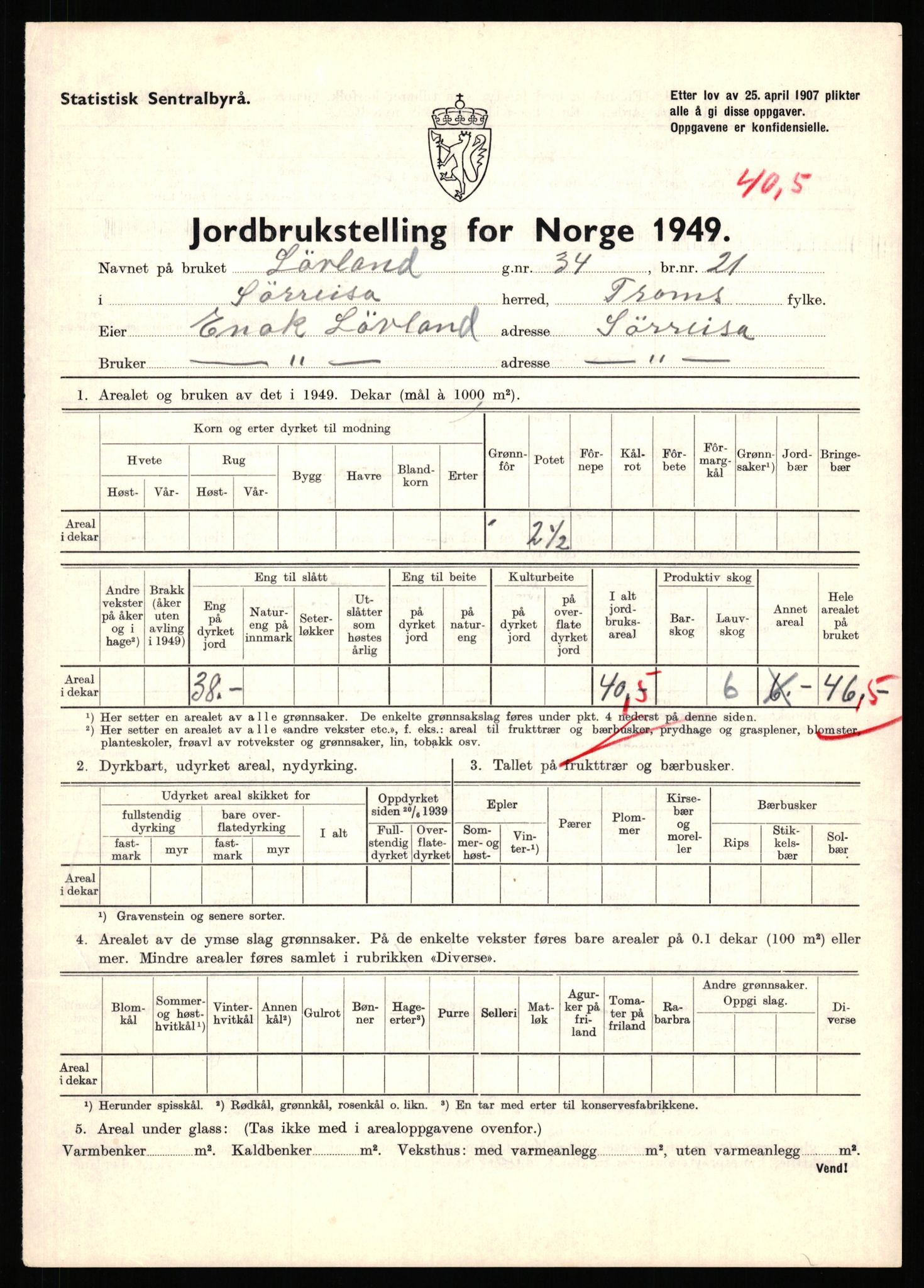 Statistisk sentralbyrå, Næringsøkonomiske emner, Jordbruk, skogbruk, jakt, fiske og fangst, AV/RA-S-2234/G/Gc/L0440: Troms: Sørreisa og Dyrøy, 1949, p. 507