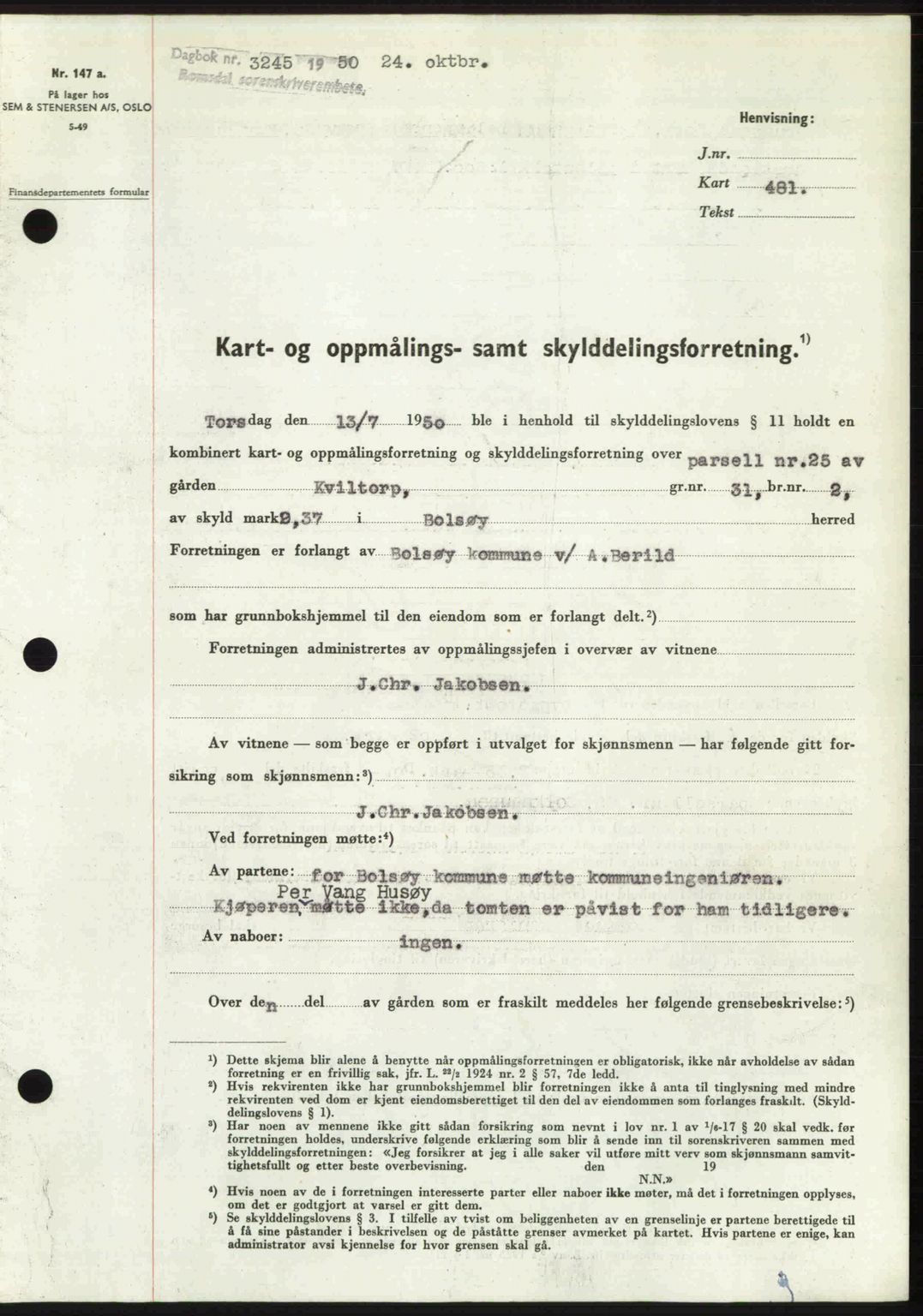 Romsdal sorenskriveri, AV/SAT-A-4149/1/2/2C: Mortgage book no. A34, 1950-1950, Diary no: : 3245/1950