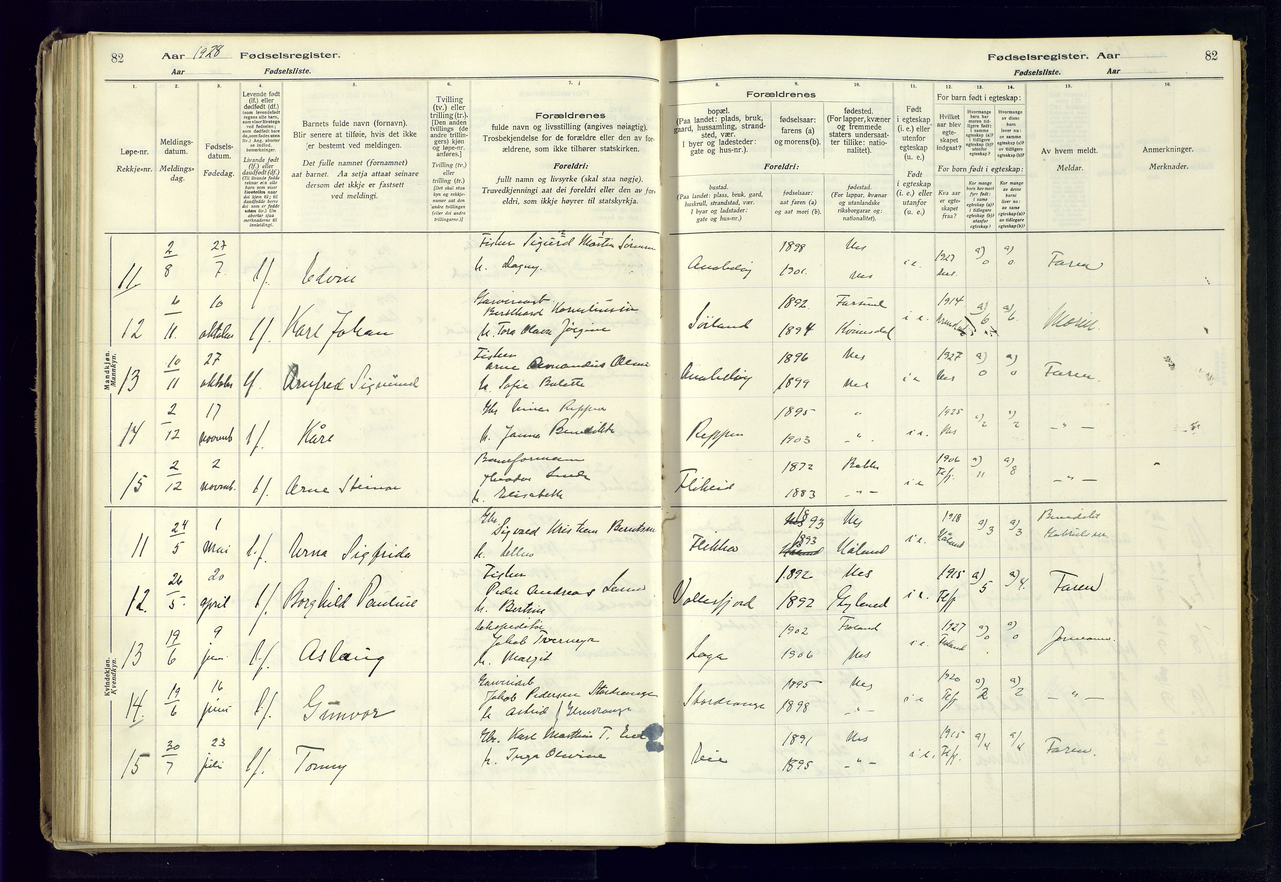 Flekkefjord sokneprestkontor, AV/SAK-1111-0012/J/Ja/L0005: Birth register no. 5, 1916-1950, p. 82