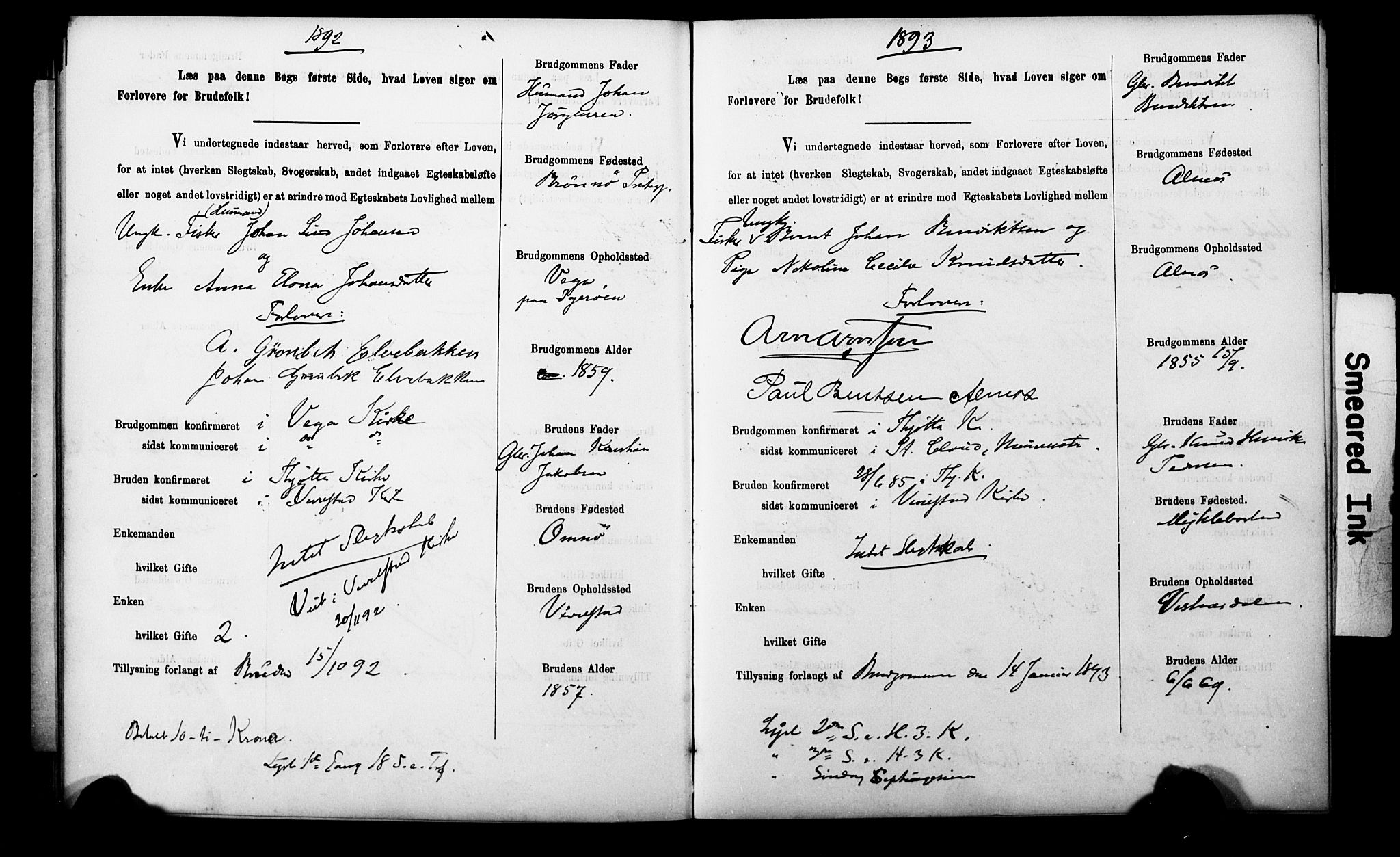 Uten arkivreferanse**, SAT/-: Banns register no. 1 /2 (Trøgstad), 1891-1895