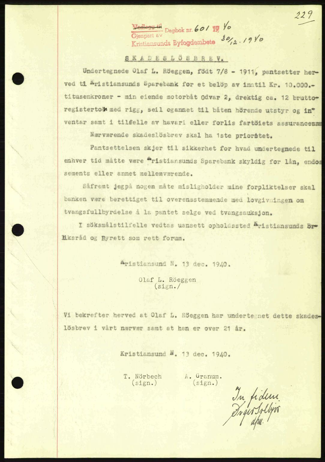 Kristiansund byfogd, AV/SAT-A-4587/A/27: Mortgage book no. 33, 1939-1941, Diary no: : 601/1940