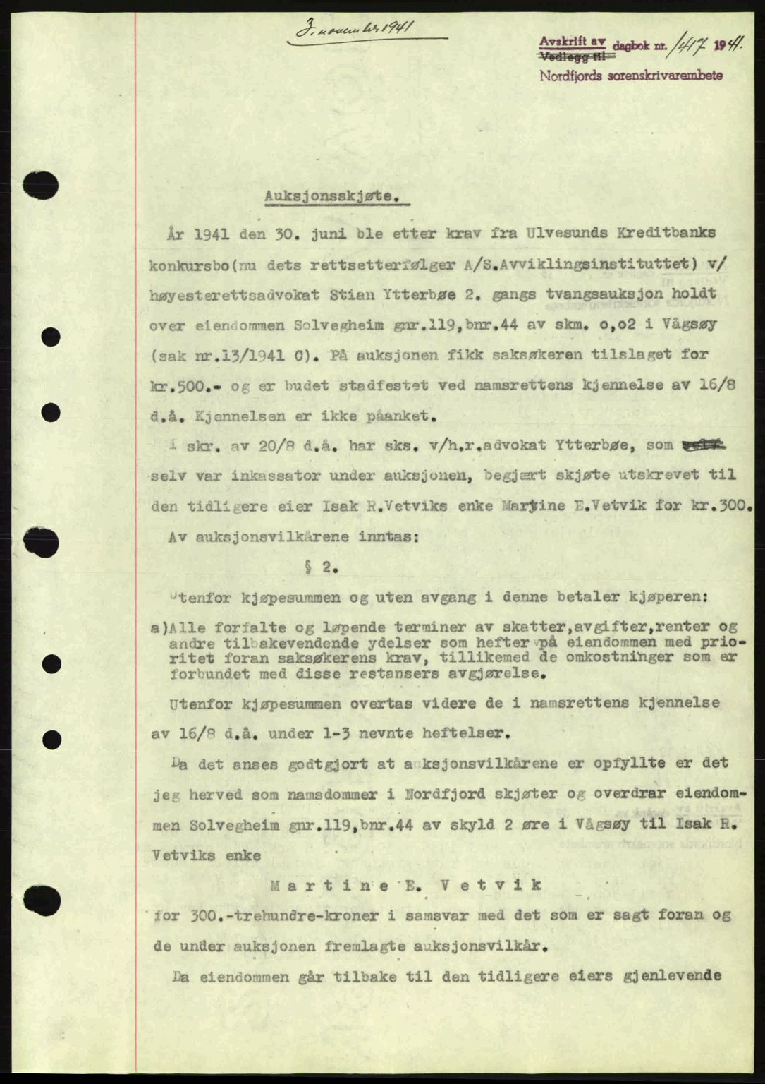 Nordfjord sorenskriveri, AV/SAB-A-2801/02/02b/02bj/L0006: Mortgage book no. A6, 1940-1941, Diary no: : 1417/1941