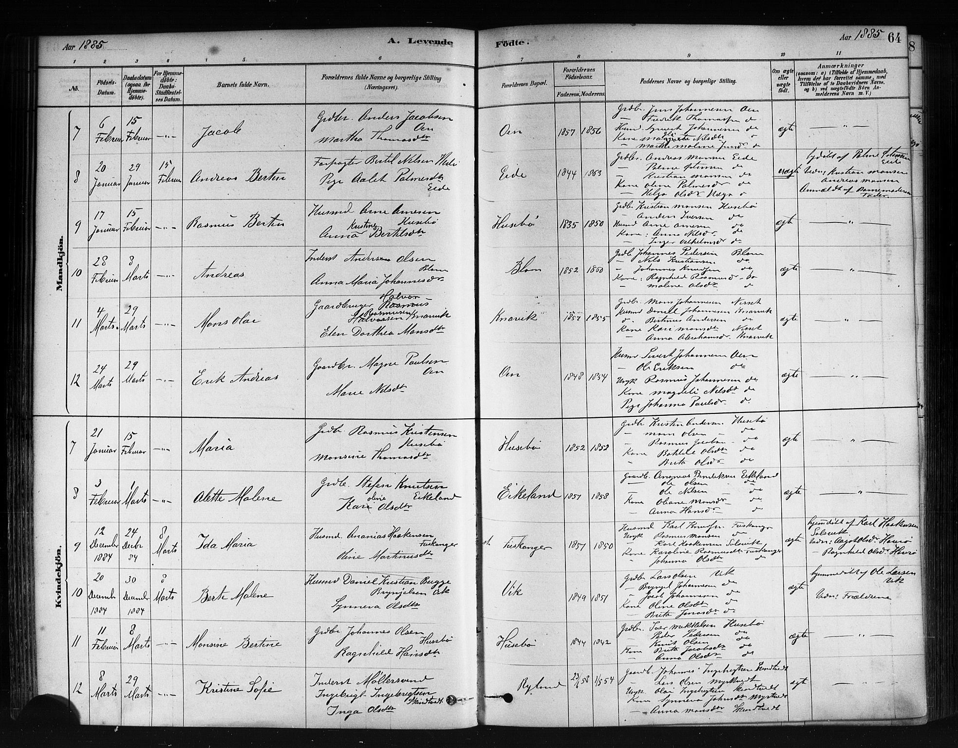 Herdla Sokneprestembete, AV/SAB-A-75701/H/Haa: Parish register (official) no. A 3, 1878-1890, p. 64