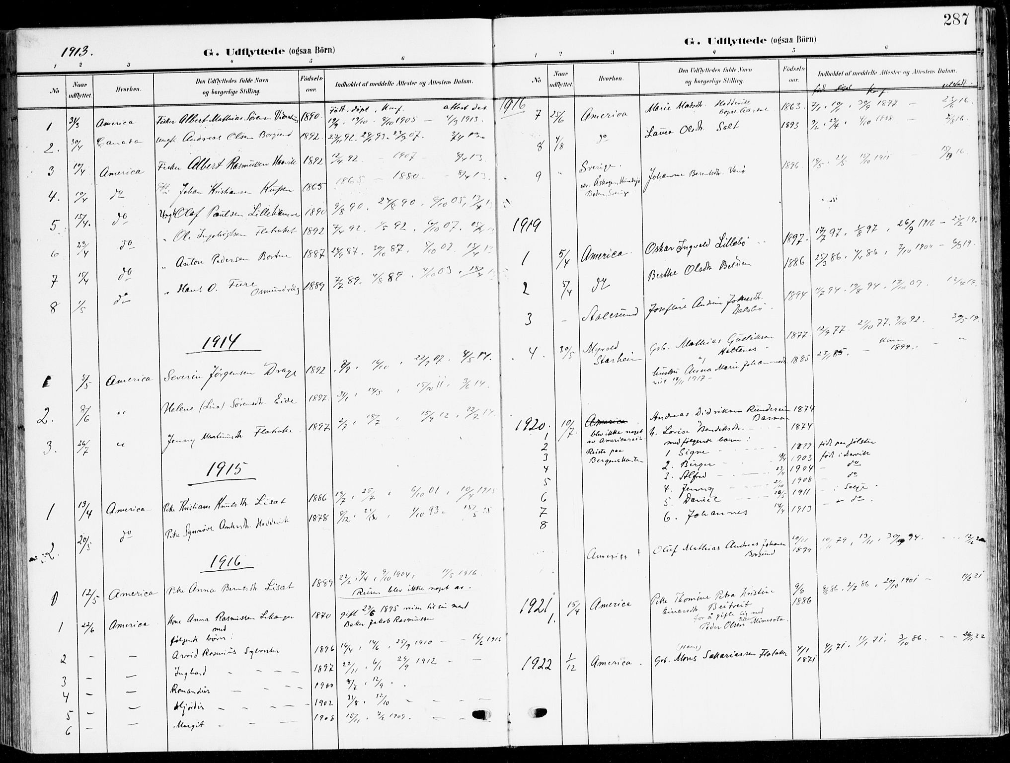 Selje sokneprestembete, SAB/A-99938/H/Ha/Haa/Haab: Parish register (official) no. B 3, 1908-1923, p. 287