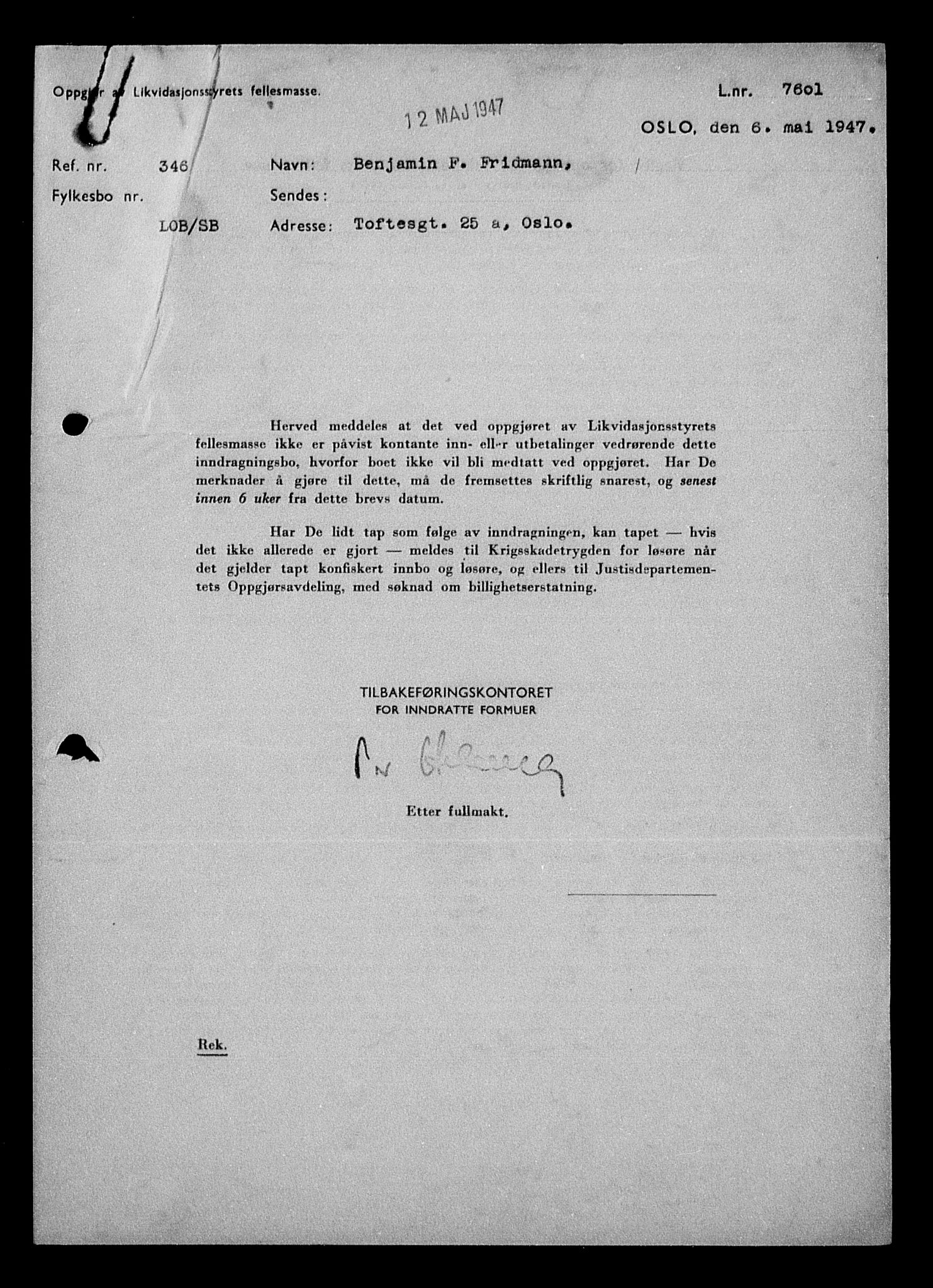 Justisdepartementet, Tilbakeføringskontoret for inndratte formuer, AV/RA-S-1564/H/Hc/Hcc/L0936: --, 1945-1947, p. 16