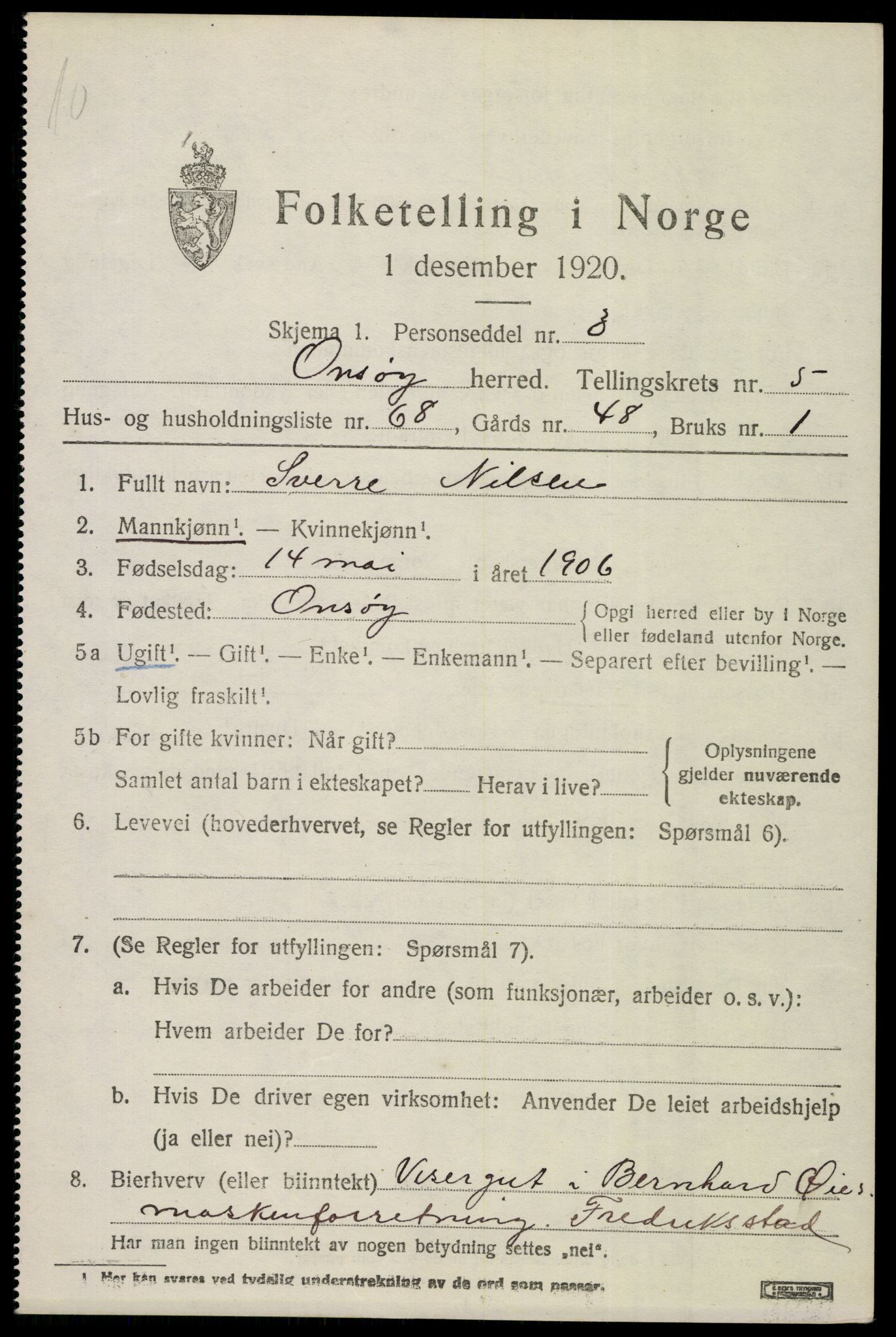 SAO, 1920 census for Onsøy, 1920, p. 7398