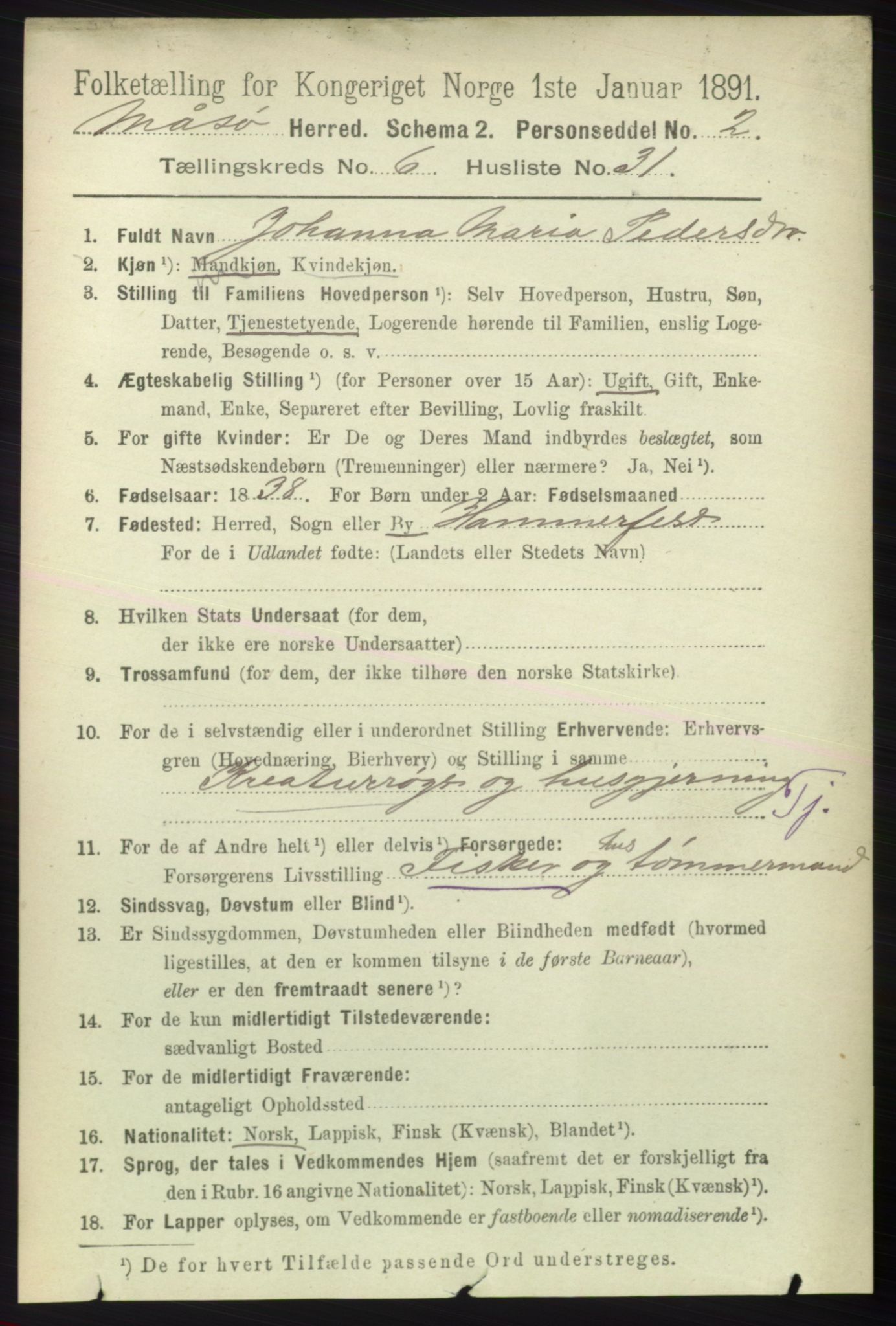 RA, 1891 census for 2018 Måsøy, 1891, p. 1305