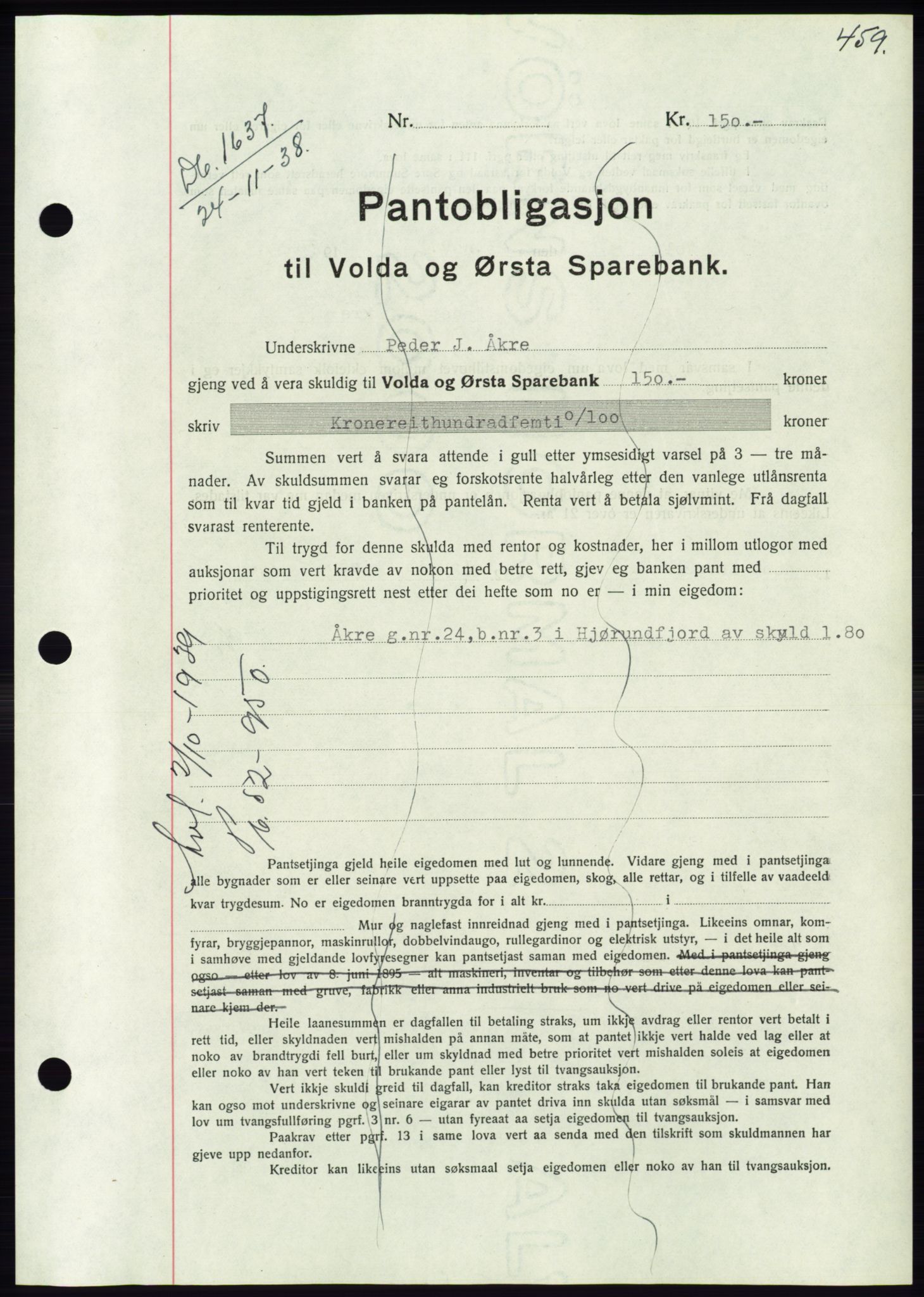 Søre Sunnmøre sorenskriveri, AV/SAT-A-4122/1/2/2C/L0066: Mortgage book no. 60, 1938-1938, Diary no: : 1637/1938