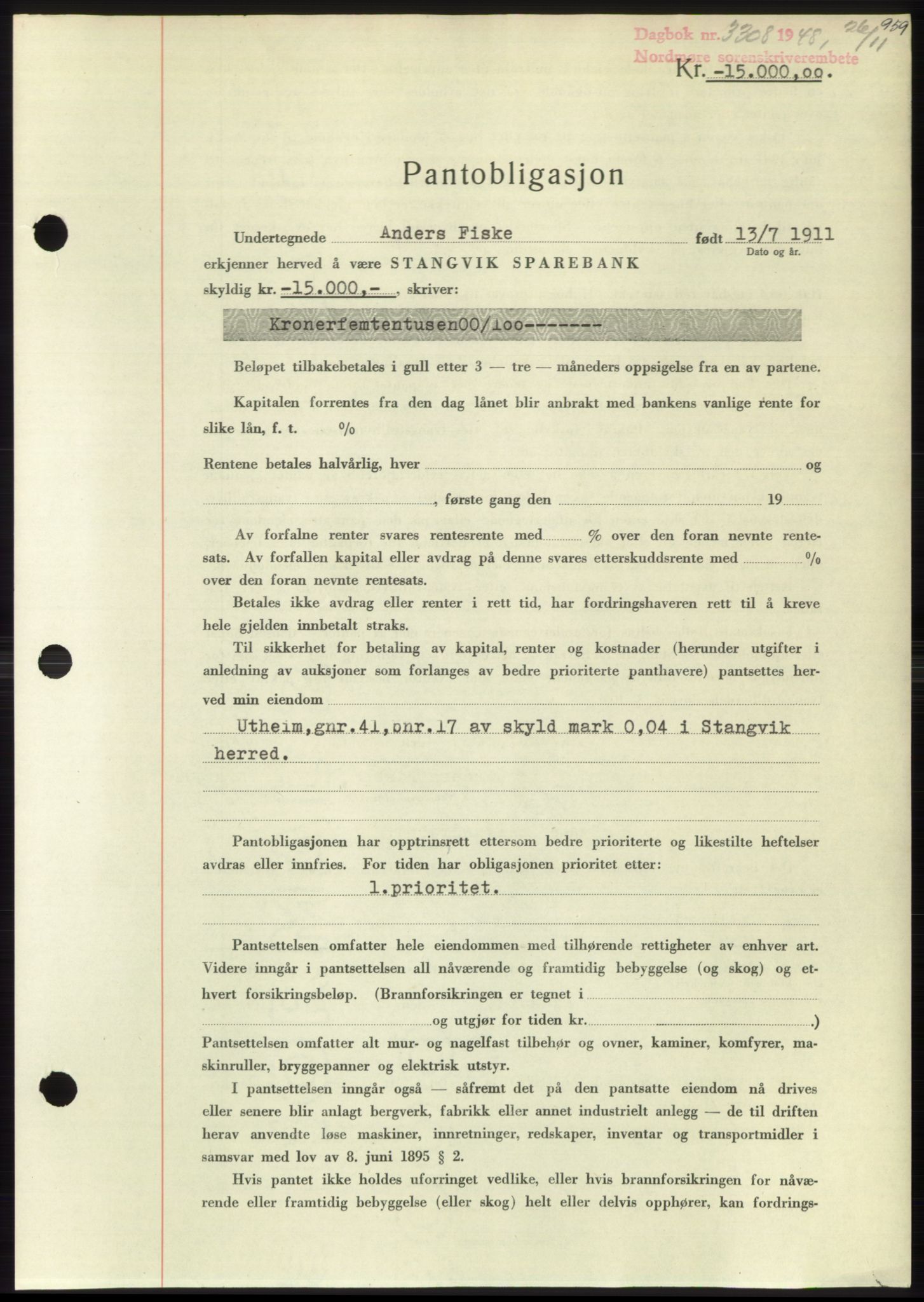 Nordmøre sorenskriveri, AV/SAT-A-4132/1/2/2Ca: Mortgage book no. B100, 1948-1949, Diary no: : 3308/1948