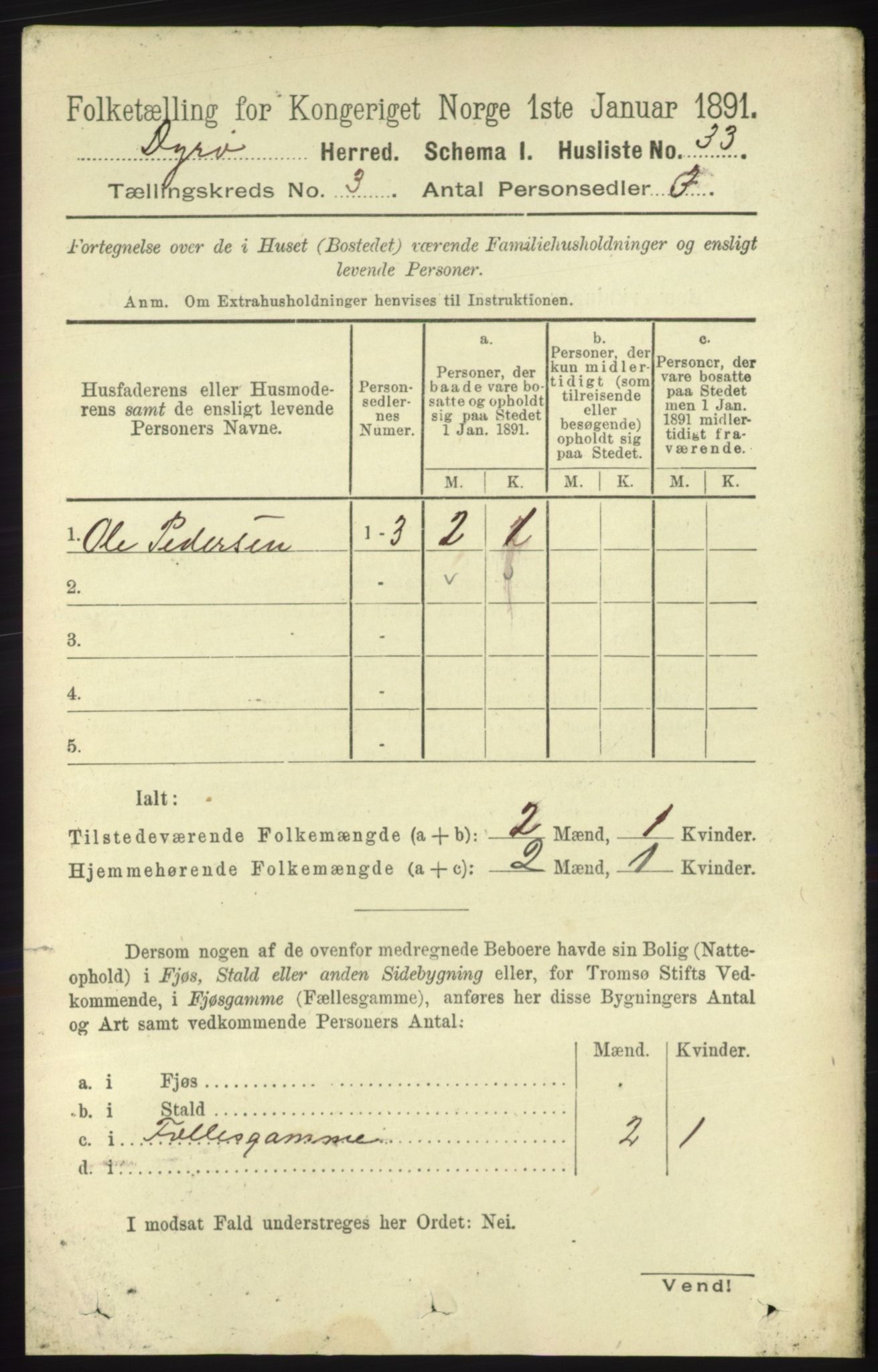 RA, 1891 census for 1926 Dyrøy, 1891, p. 1137