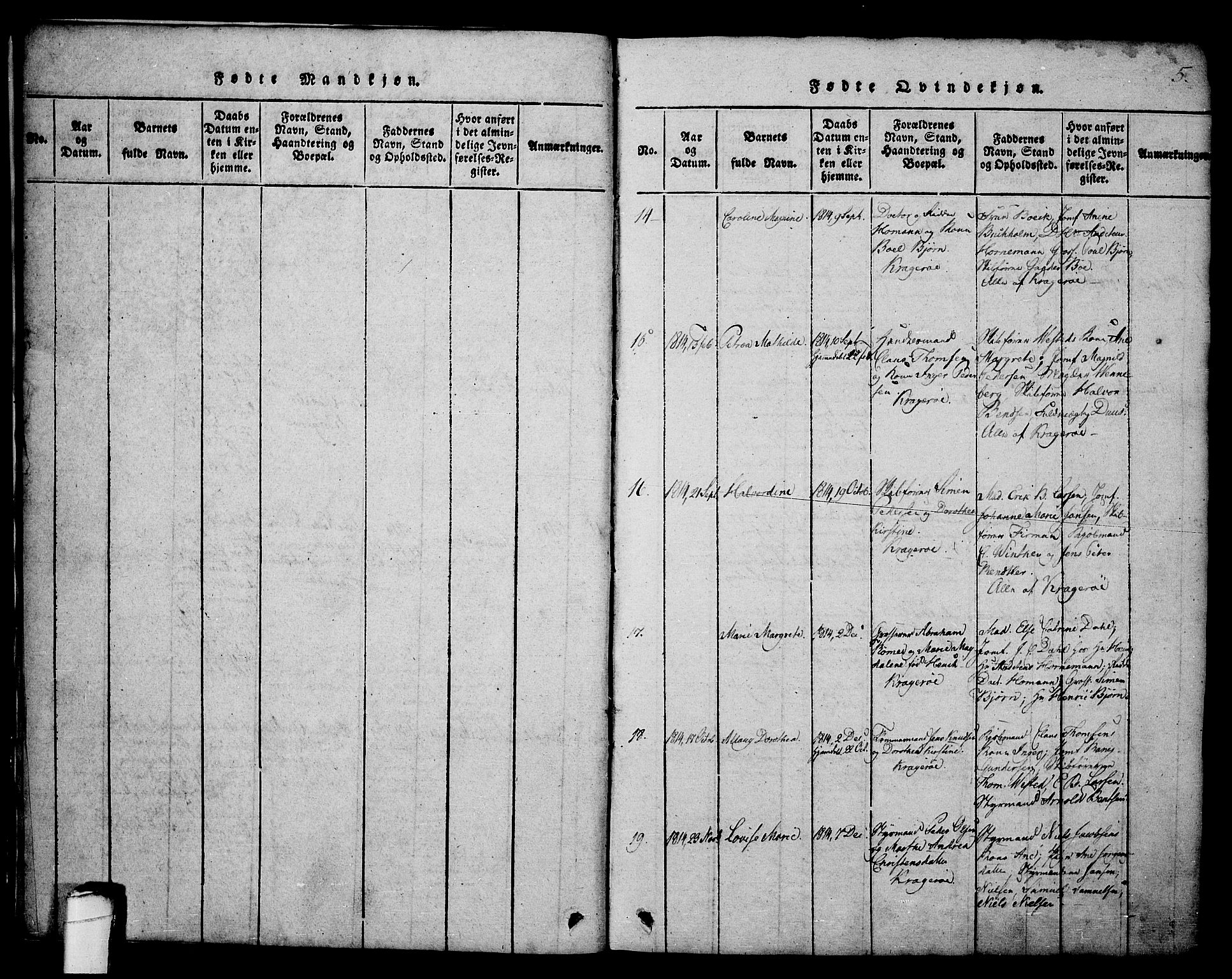 Kragerø kirkebøker, AV/SAKO-A-278/G/Ga/L0002: Parish register (copy) no. 2, 1814-1831, p. 5