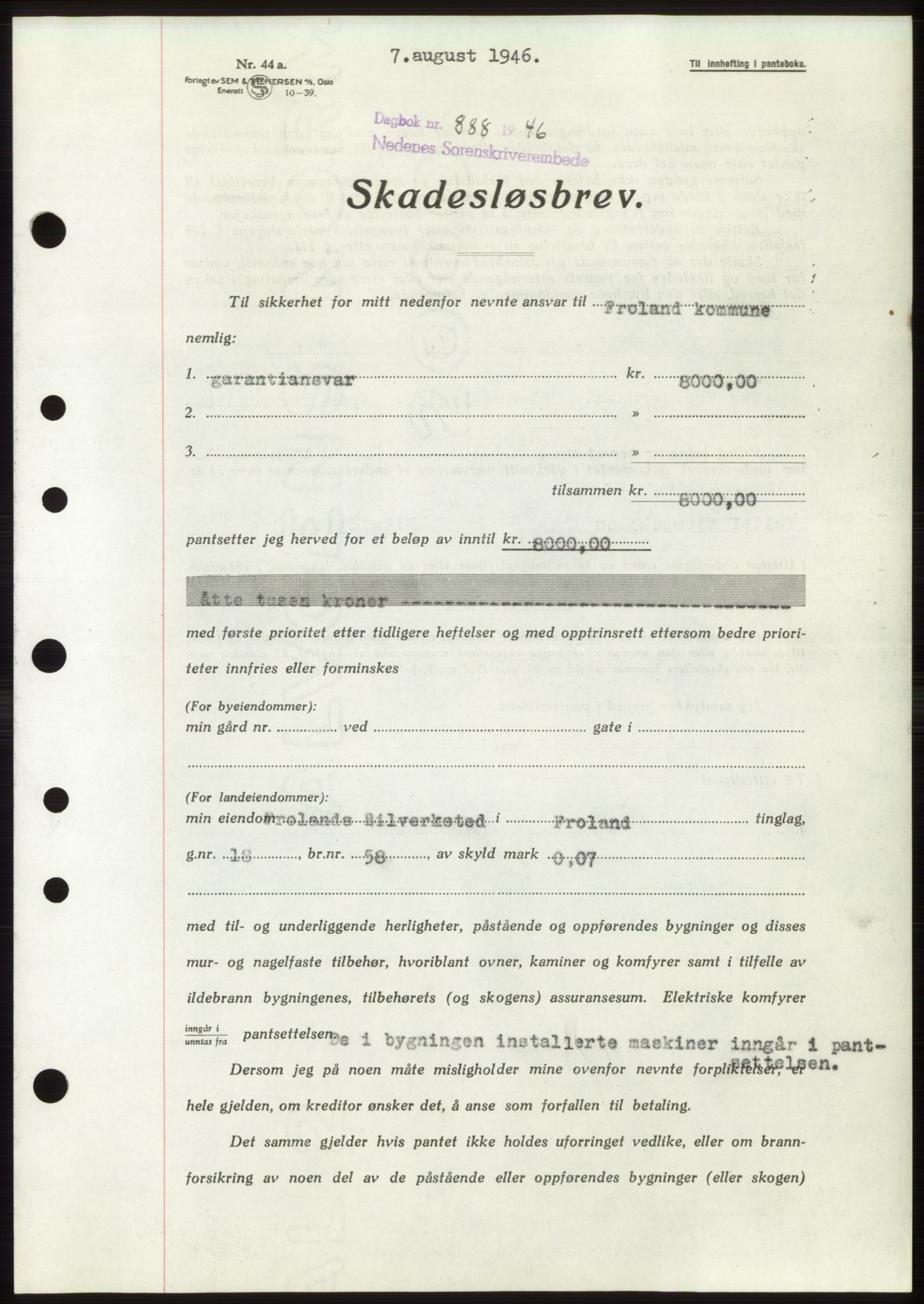 Nedenes sorenskriveri, SAK/1221-0006/G/Gb/Gbb/L0003: Mortgage book no. B3b, 1946-1946, Diary no: : 888/1946