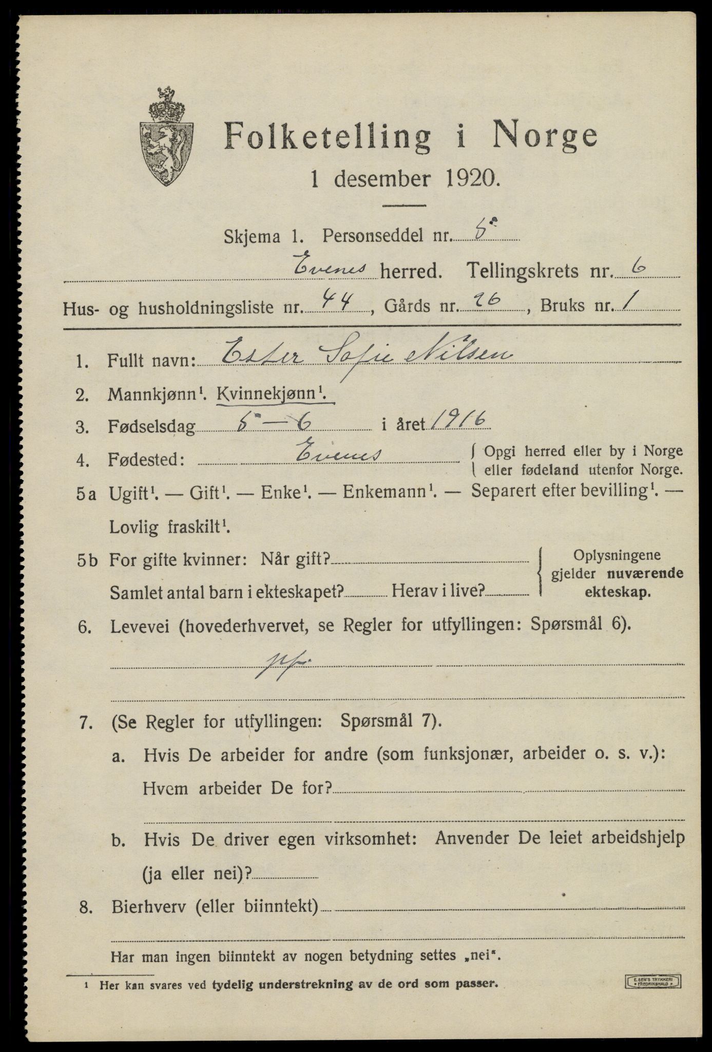 SAT, 1920 census for Evenes, 1920, p. 6034