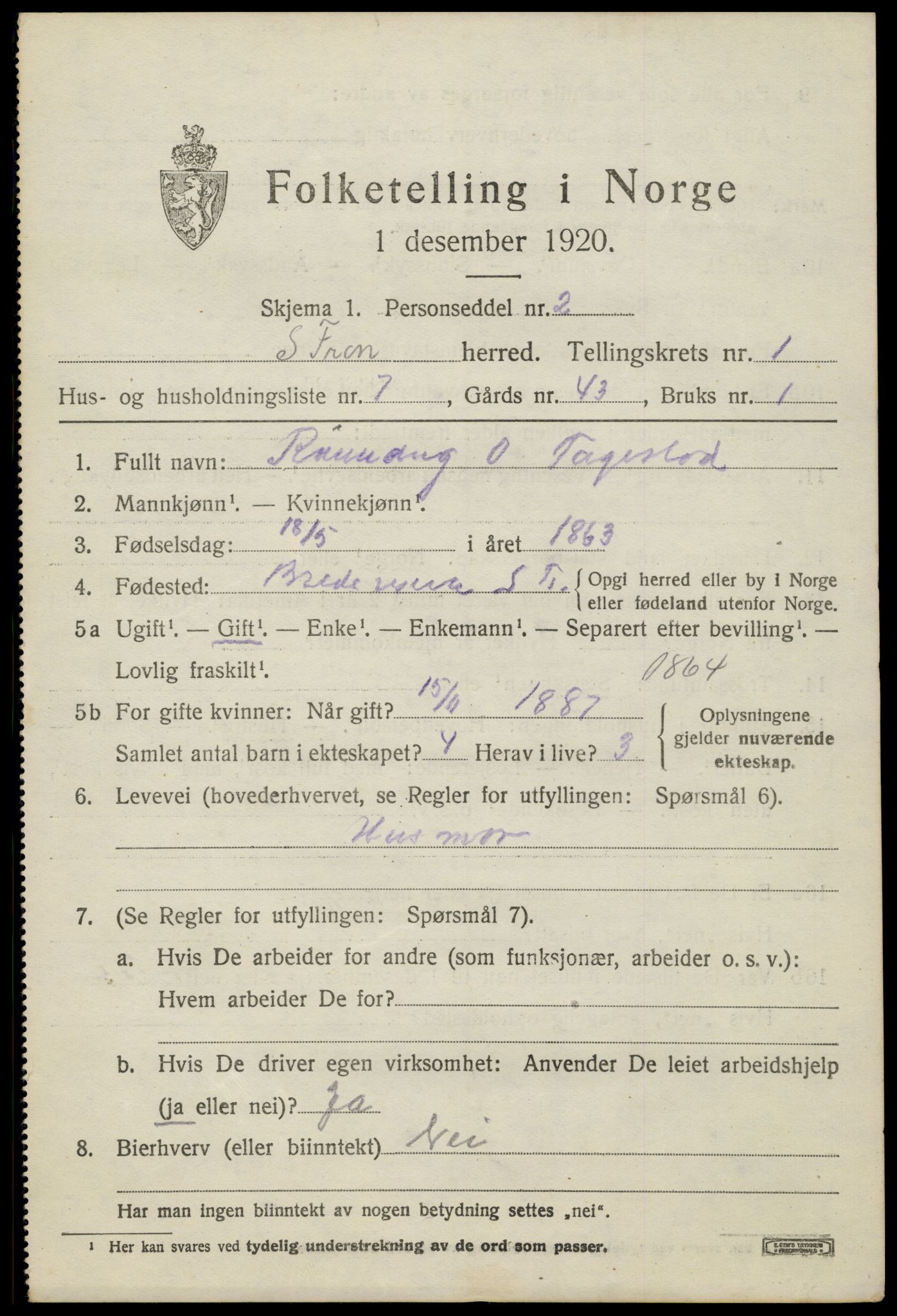 SAH, 1920 census for Sør-Fron, 1920, p. 1207