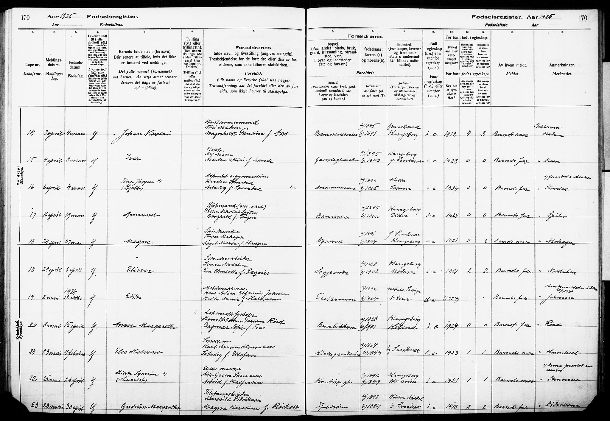 Kongsberg kirkebøker, AV/SAKO-A-22/J/Ja/L0001: Birth register no. I 1, 1916-1927, p. 170