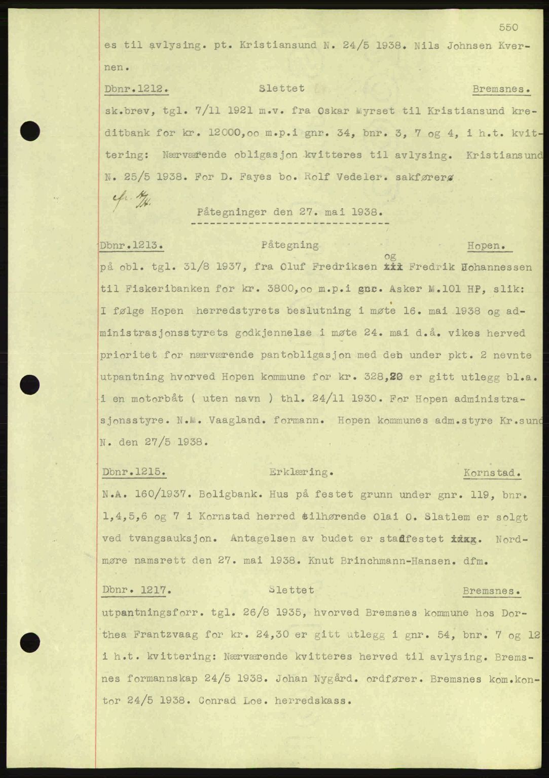 Nordmøre sorenskriveri, AV/SAT-A-4132/1/2/2Ca: Mortgage book no. C80, 1936-1939, Diary no: : 1212/1938