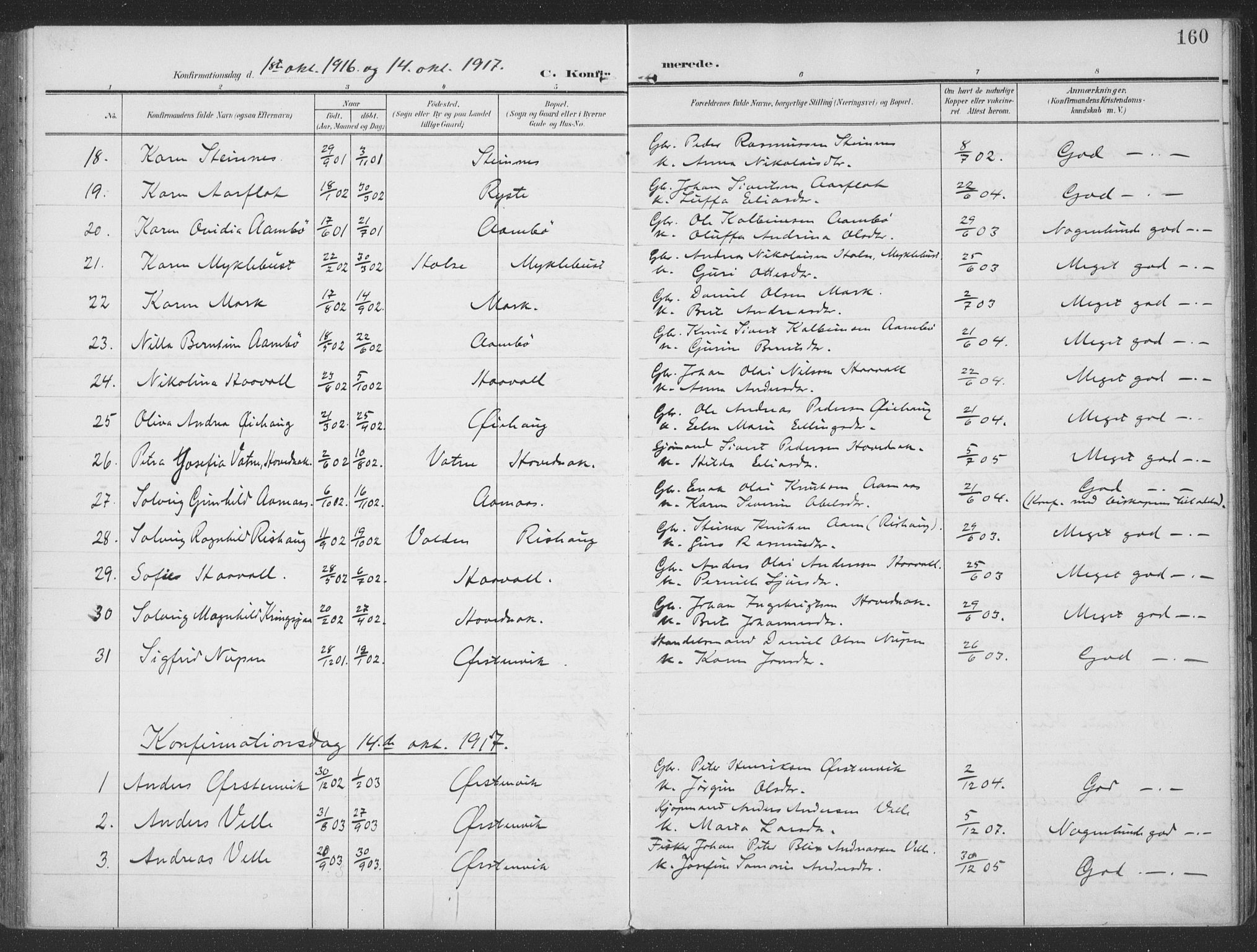 Ministerialprotokoller, klokkerbøker og fødselsregistre - Møre og Romsdal, SAT/A-1454/513/L0178: Parish register (official) no. 513A05, 1906-1919, p. 160