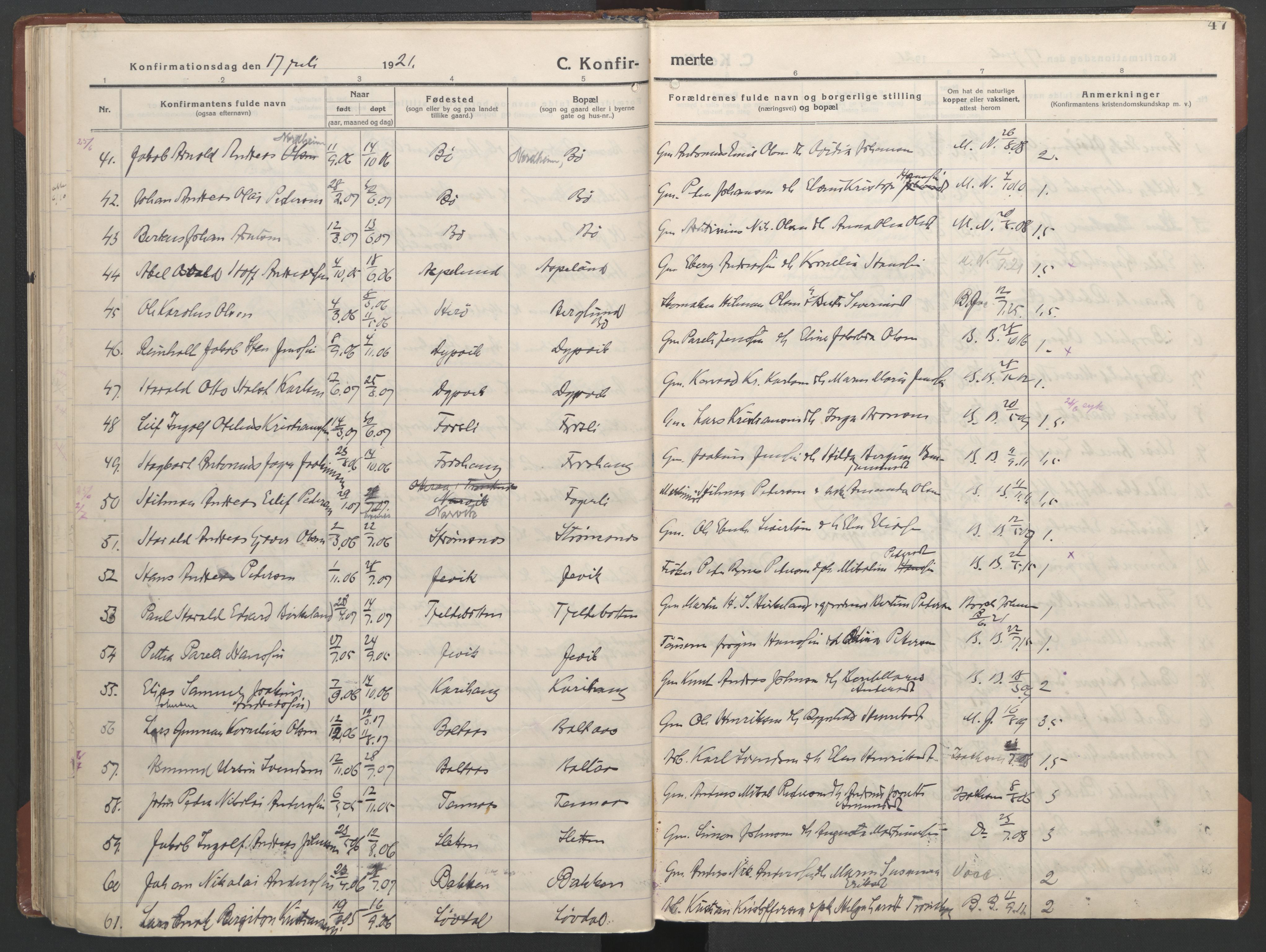 Ministerialprotokoller, klokkerbøker og fødselsregistre - Nordland, AV/SAT-A-1459/863/L0918: Parish register (copy) no. 863C08, 1906-1921, p. 47