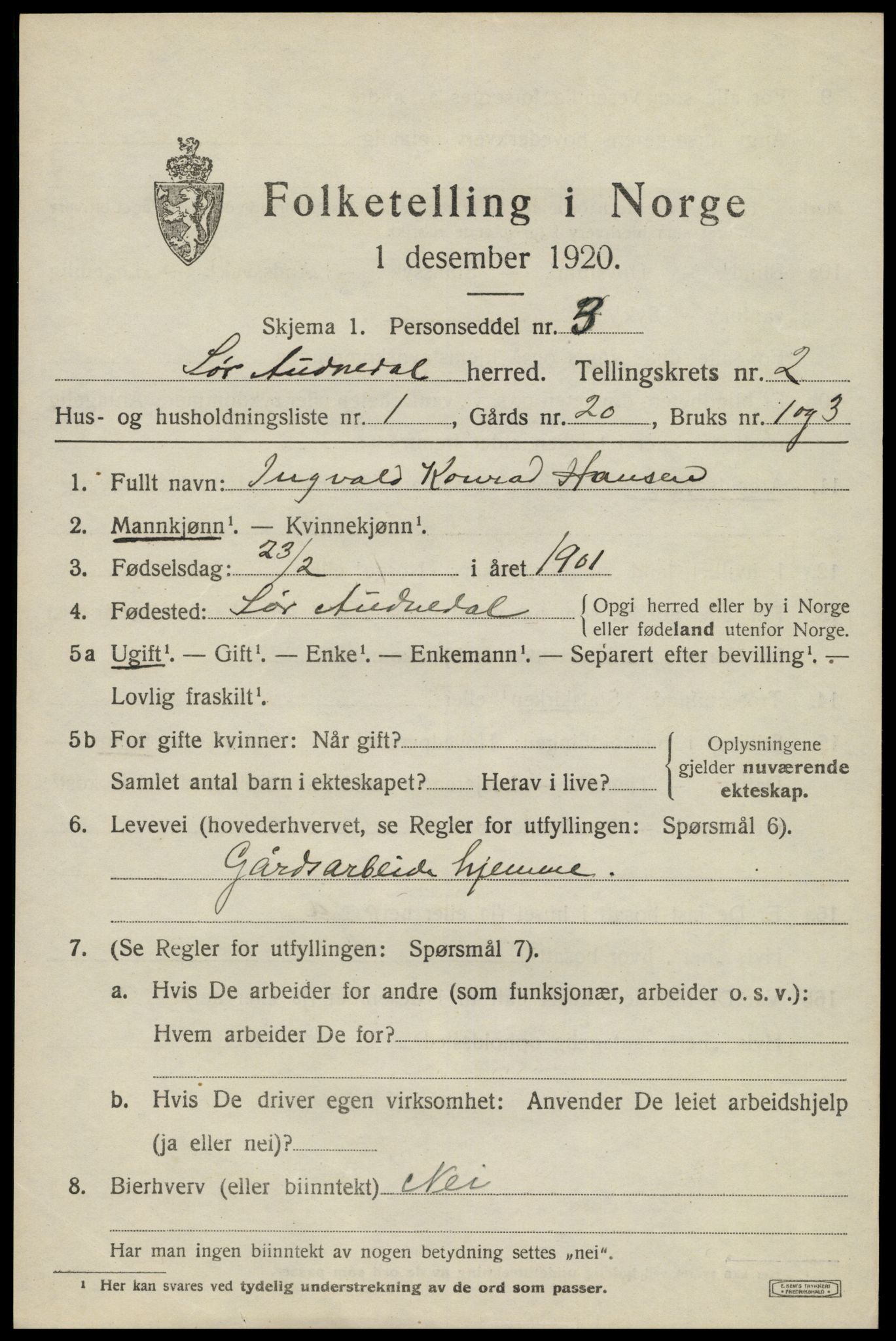 SAK, 1920 census for Sør-Audnedal, 1920, p. 1591