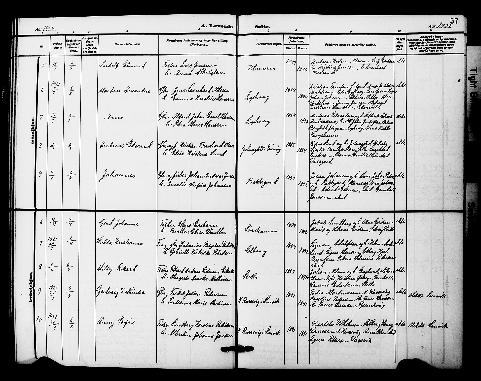 Tranøy sokneprestkontor, AV/SATØ-S-1313/I/Ia/Iab/L0023klokker: Parish register (copy) no. 23, 1913-1928, p. 57