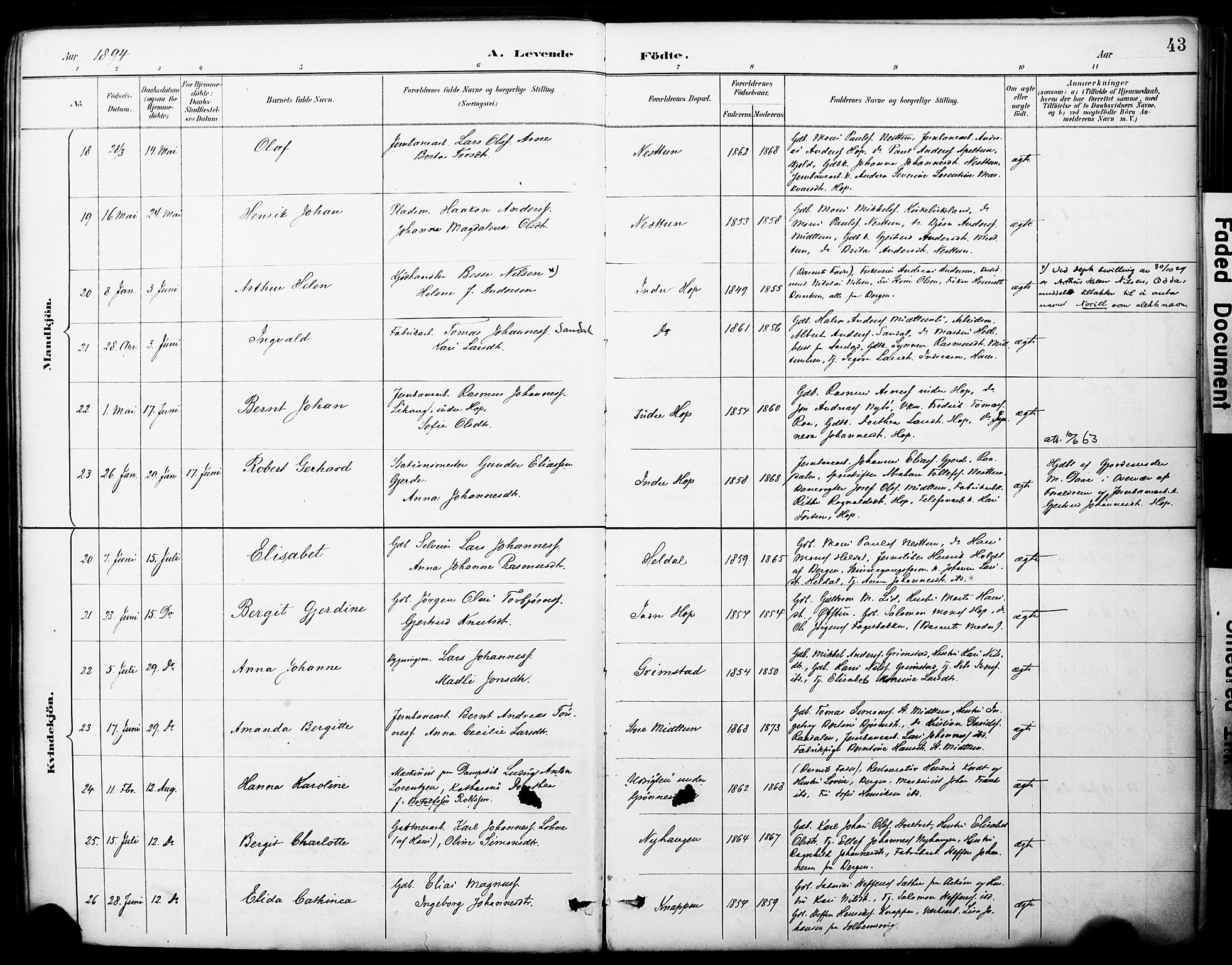 Fana Sokneprestembete, AV/SAB-A-75101/H/Haa/Haai/L0002: Parish register (official) no. I 2, 1888-1899, p. 43