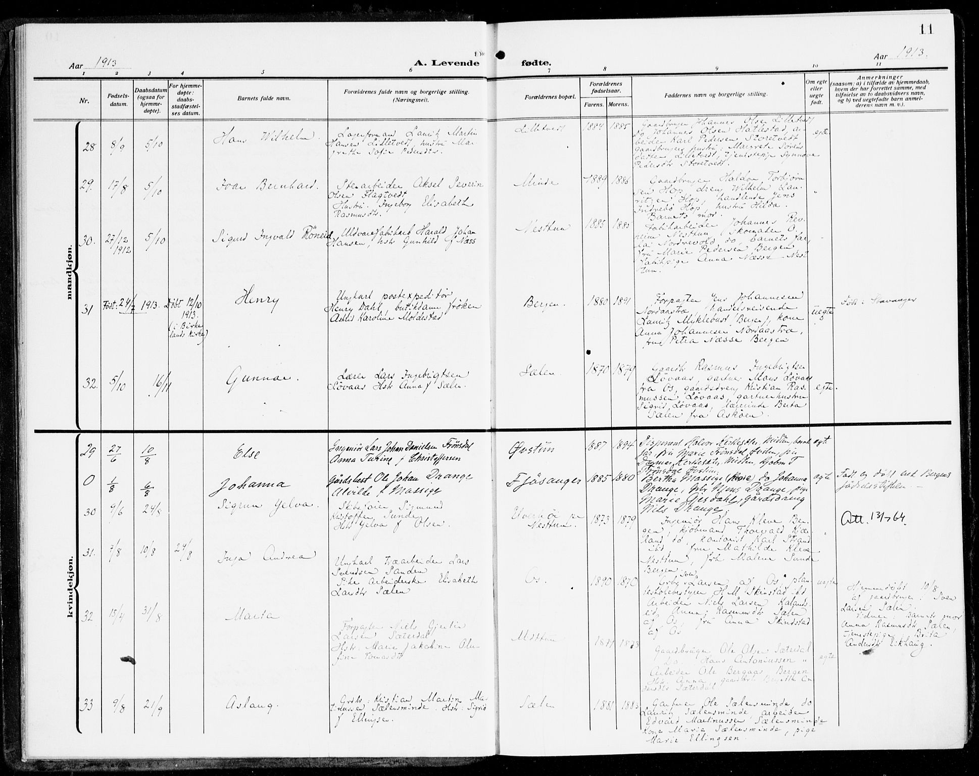 Fana Sokneprestembete, AV/SAB-A-75101/H/Haa/Haai/L0004: Parish register (official) no. I 4, 1912-1933, p. 11