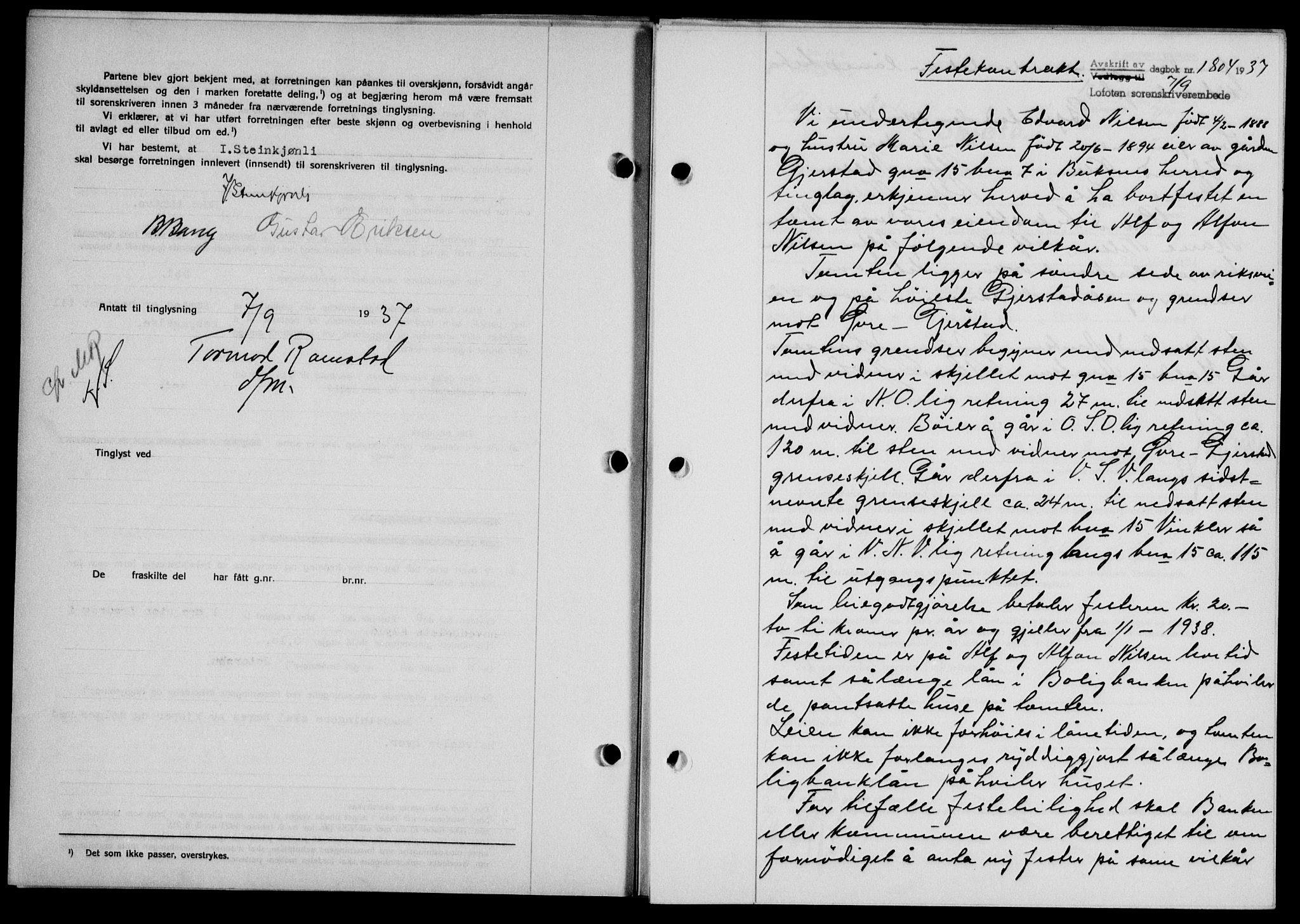 Lofoten sorenskriveri, SAT/A-0017/1/2/2C/L0002a: Mortgage book no. 2a, 1937-1937, Diary no: : 1804/1937
