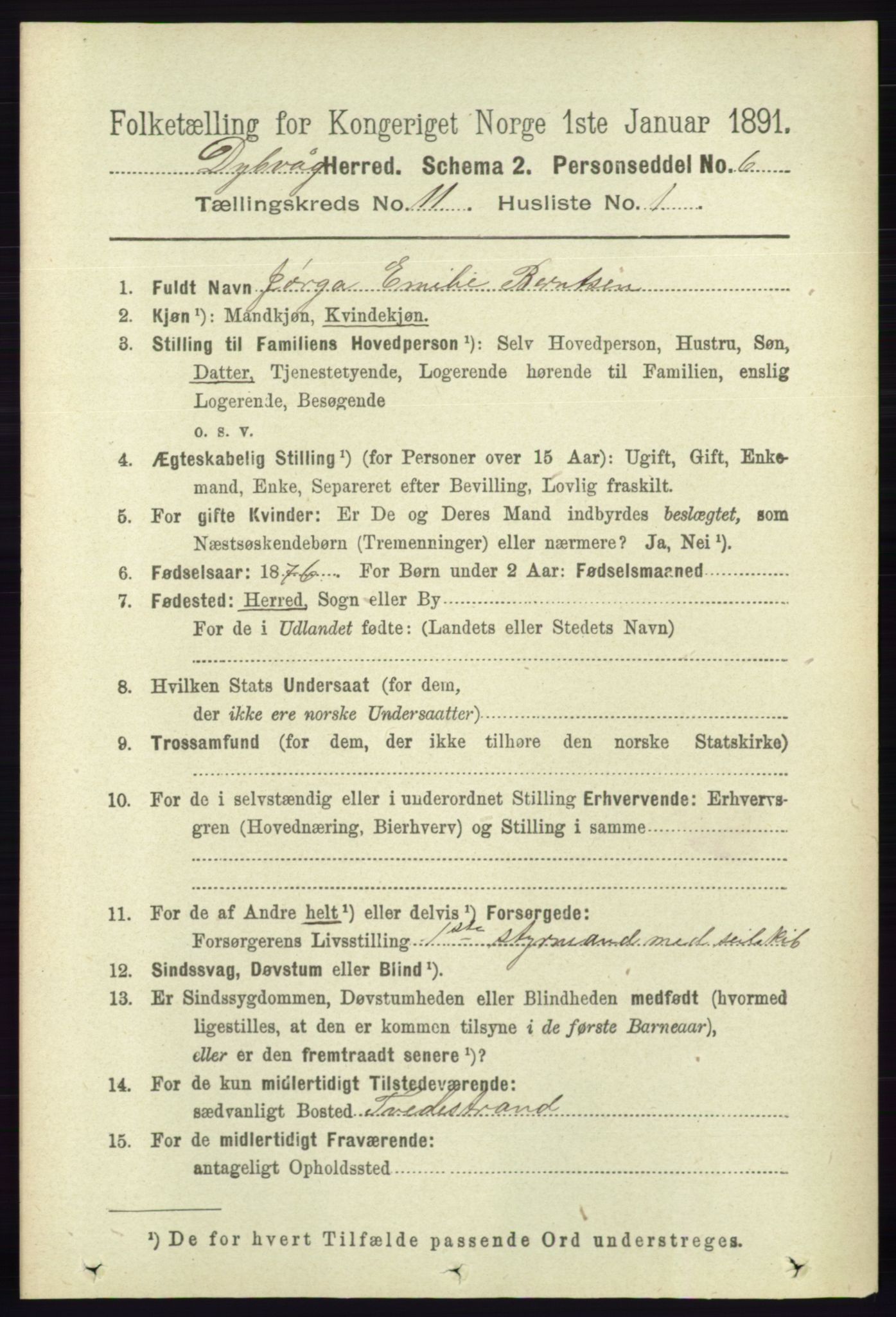 RA, 1891 census for 0915 Dypvåg, 1891, p. 4308