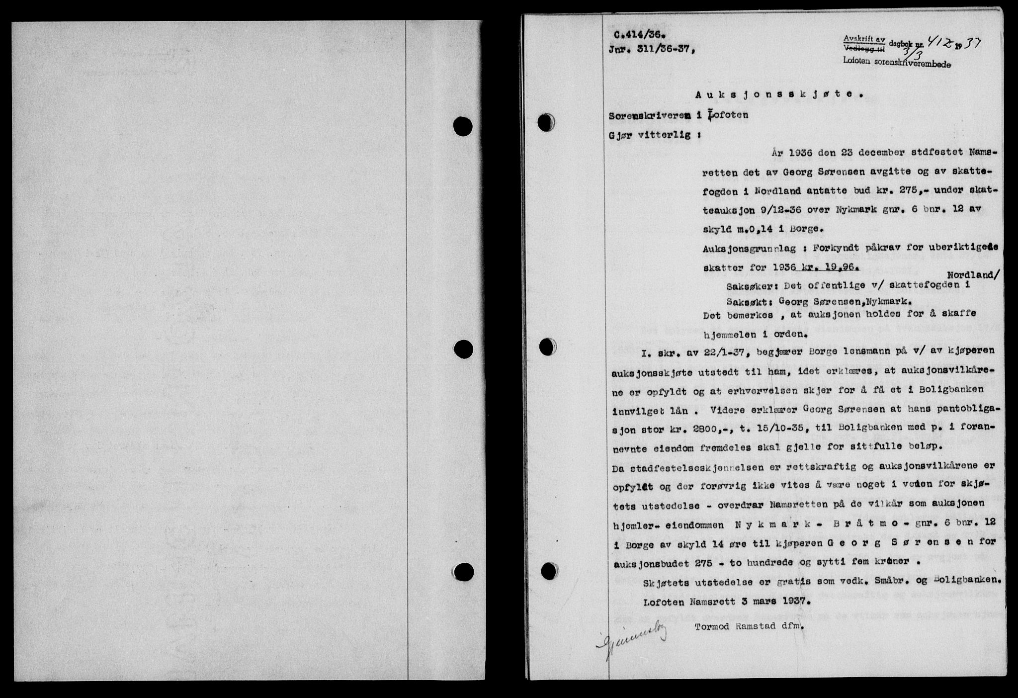 Lofoten sorenskriveri, SAT/A-0017/1/2/2C/L0002a: Mortgage book no. 2a, 1937-1937, Diary no: : 412/1937