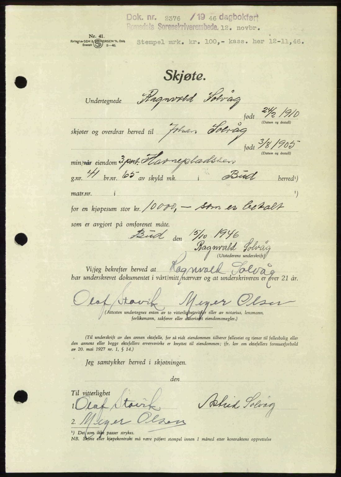 Romsdal sorenskriveri, AV/SAT-A-4149/1/2/2C: Mortgage book no. A21, 1946-1946, Diary no: : 2376/1946