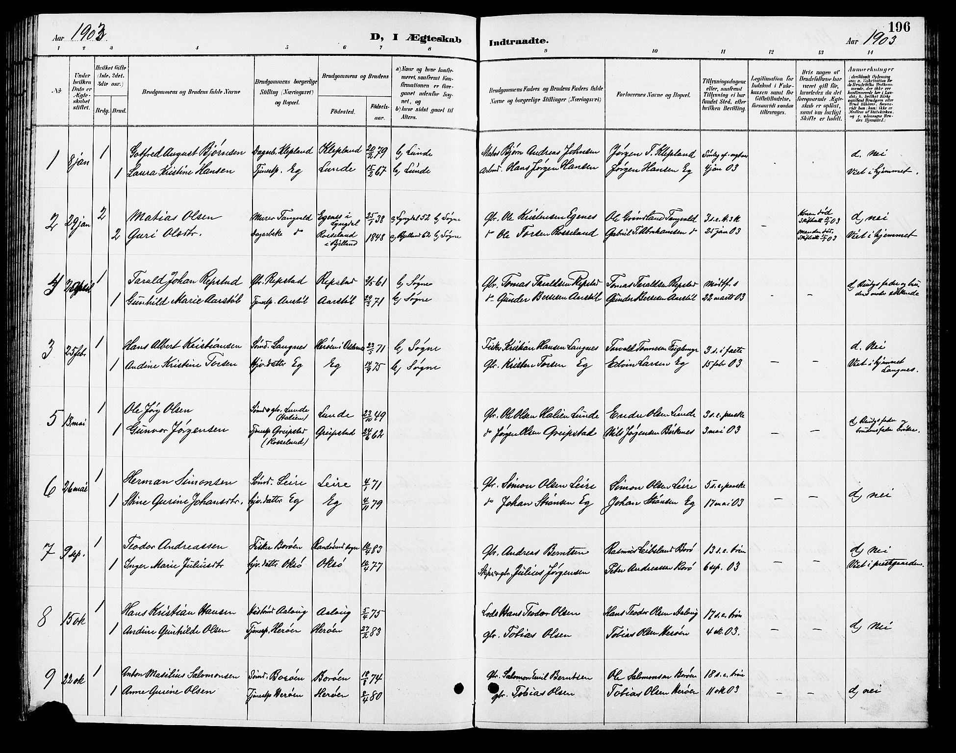Søgne sokneprestkontor, SAK/1111-0037/F/Fb/Fbb/L0006: Parish register (copy) no. B 6, 1892-1911, p. 196