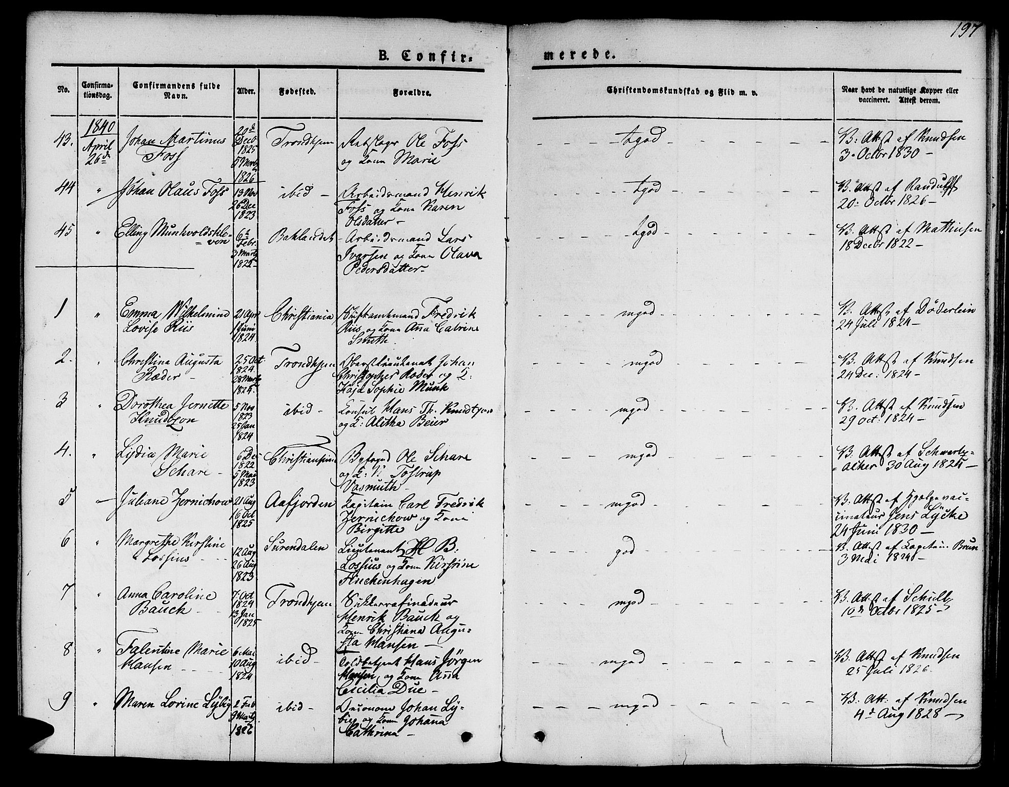 Ministerialprotokoller, klokkerbøker og fødselsregistre - Sør-Trøndelag, AV/SAT-A-1456/601/L0048: Parish register (official) no. 601A16, 1840-1847, p. 197