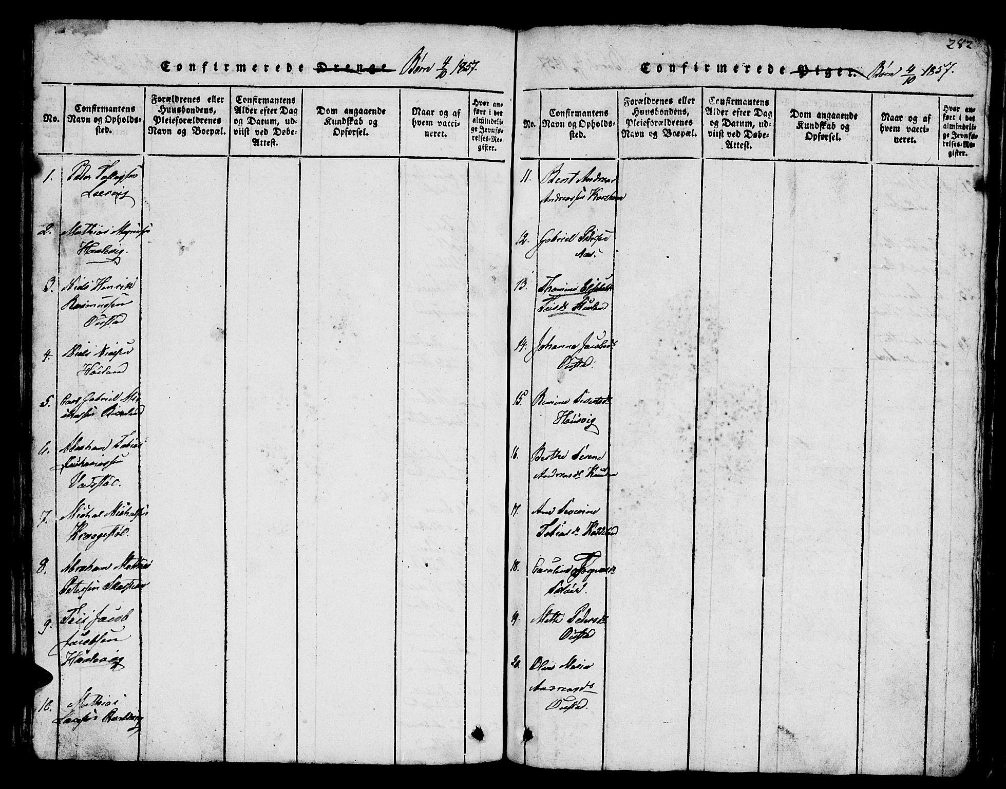Lyngdal sokneprestkontor, SAK/1111-0029/F/Fb/Fba/L0001: Parish register (copy) no. B 1, 1816-1876, p. 282