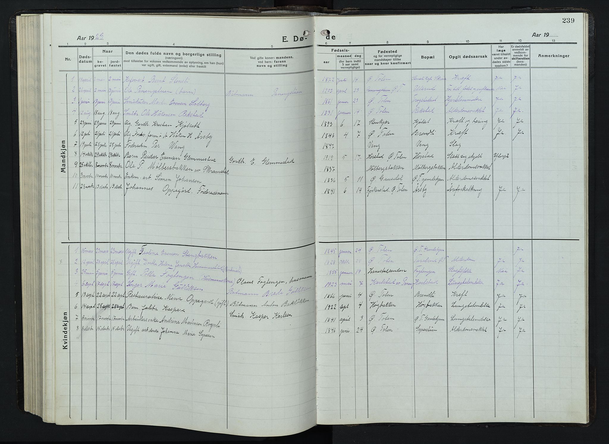 Balke prestekontor, SAH/PREST-106/H/Ha/Hab/L0001: Parish register (copy) no. 1, 1920-1955, p. 239