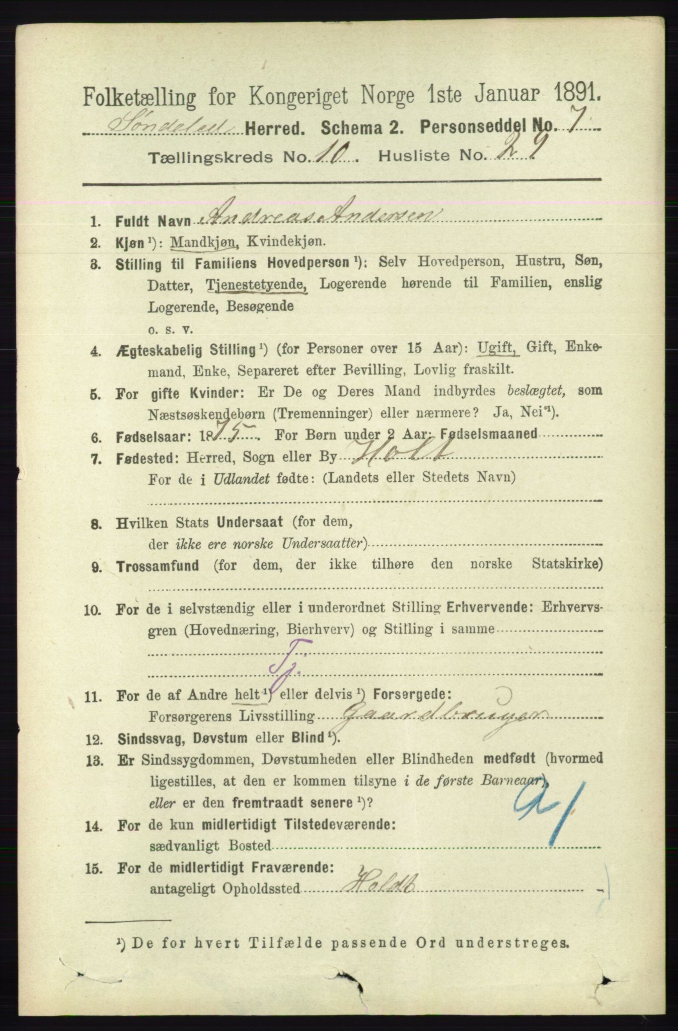 RA, 1891 census for 0913 Søndeled, 1891, p. 3232