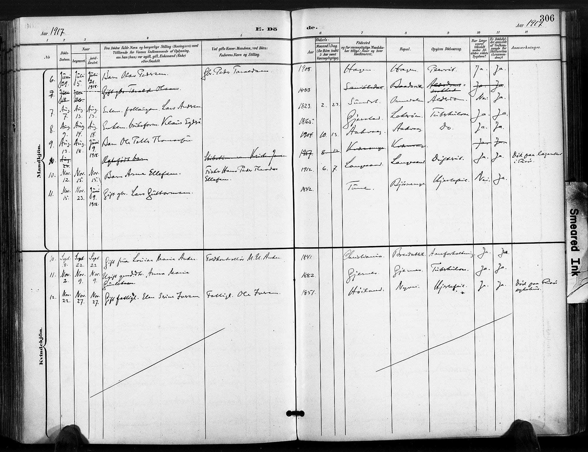 Søndeled sokneprestkontor, SAK/1111-0038/F/Fa/L0006: Parish register (official) no. A 6, 1900-1922, p. 306