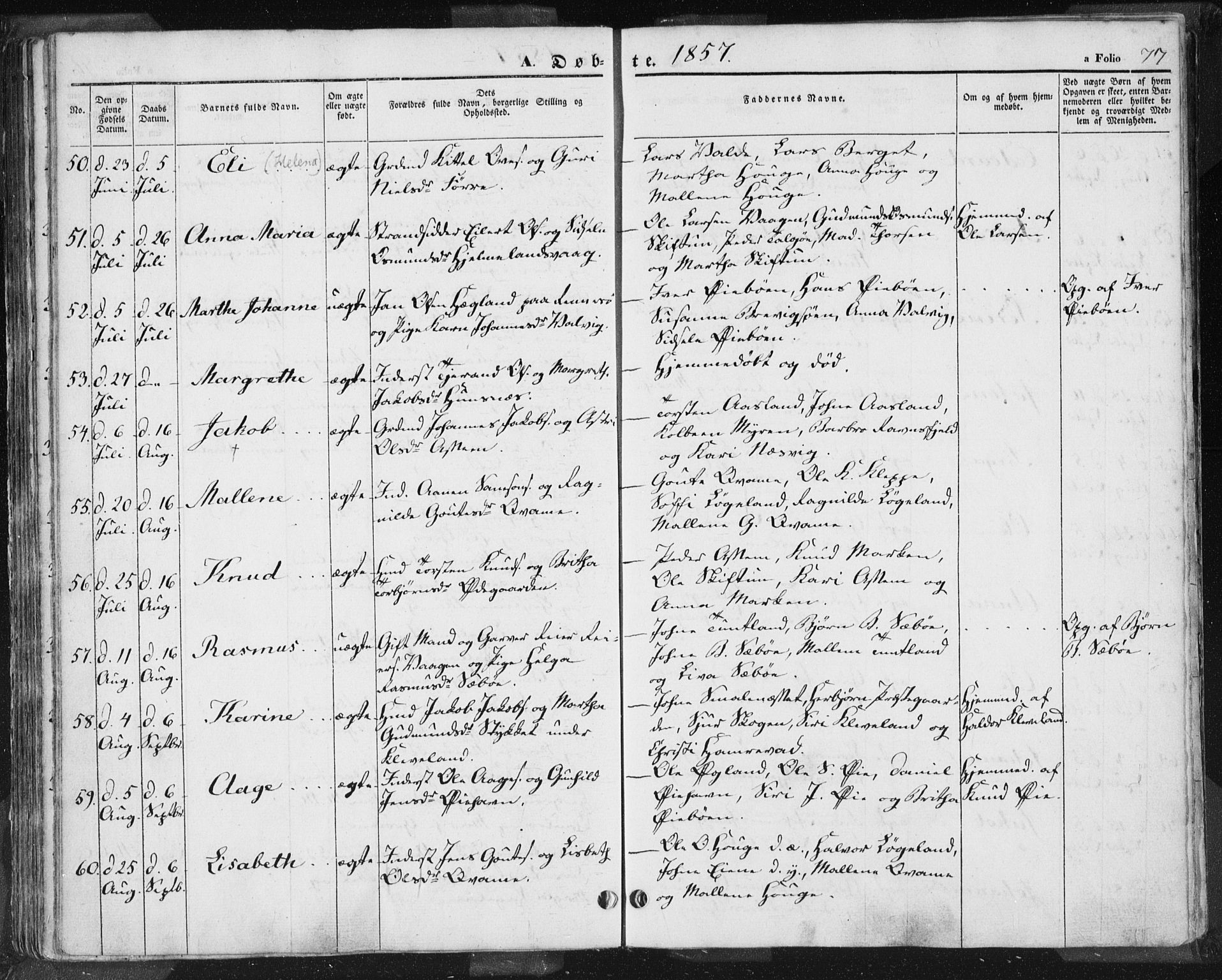 Hjelmeland sokneprestkontor, AV/SAST-A-101843/01/IV/L0009: Parish register (official) no. A 9, 1846-1860, p. 77