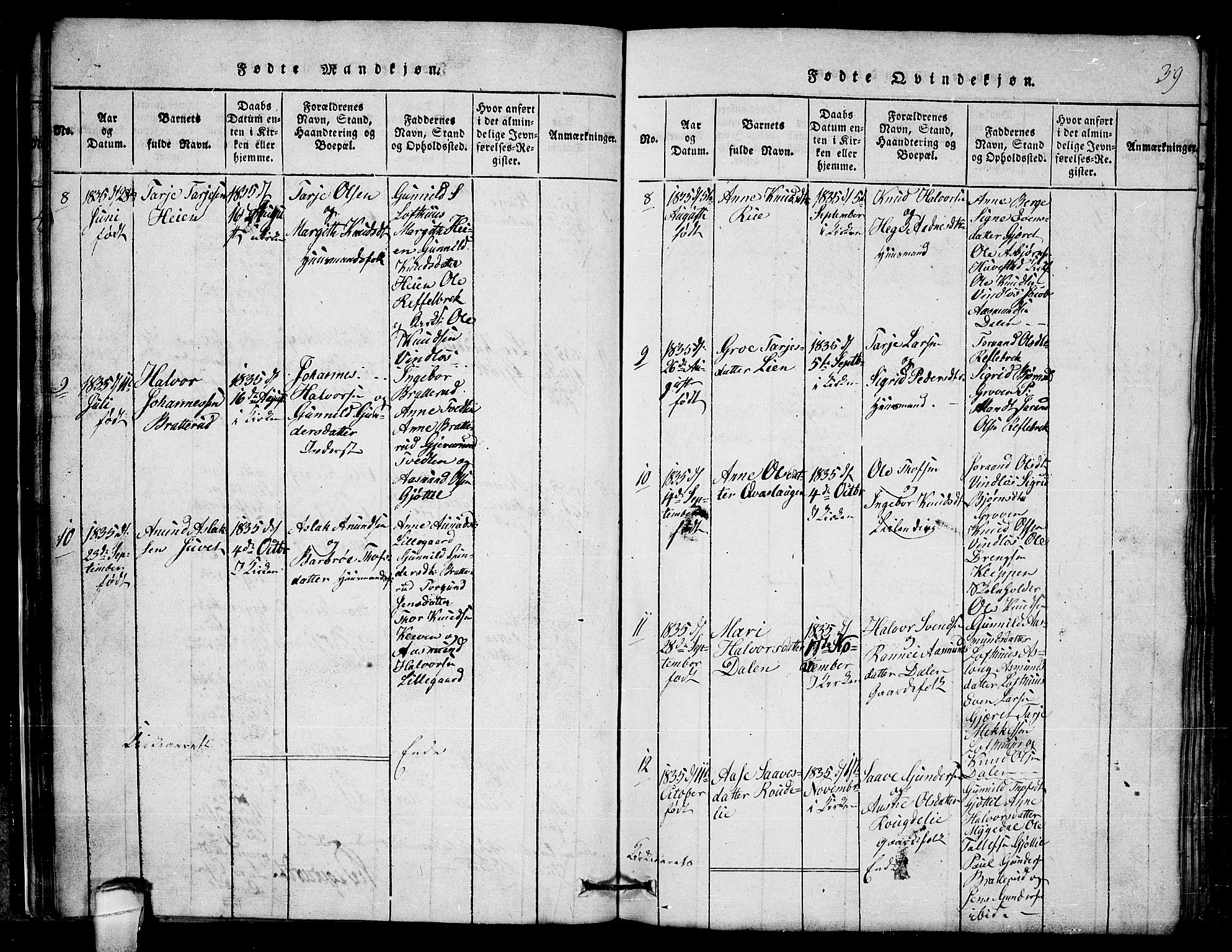 Lårdal kirkebøker, SAKO/A-284/G/Gb/L0001: Parish register (copy) no. II 1, 1815-1865, p. 39