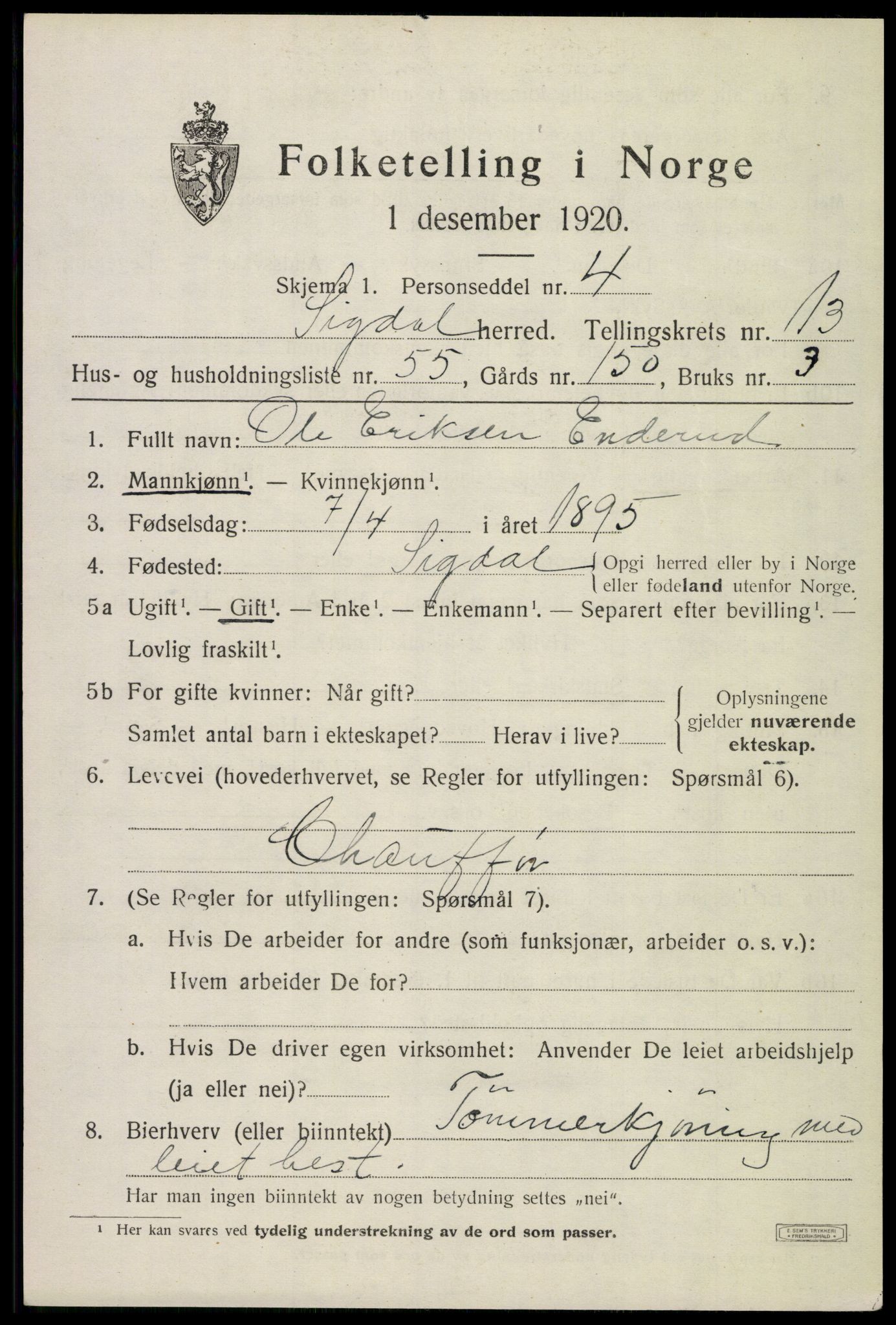 SAKO, 1920 census for Sigdal, 1920, p. 8638